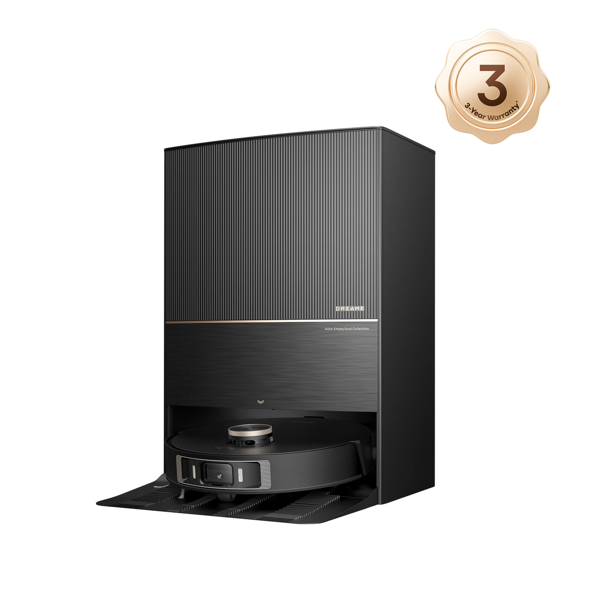 Dreame L20 Ultra robot vacuum and auto-empty station, sleek black design, 3-year warranty shown.