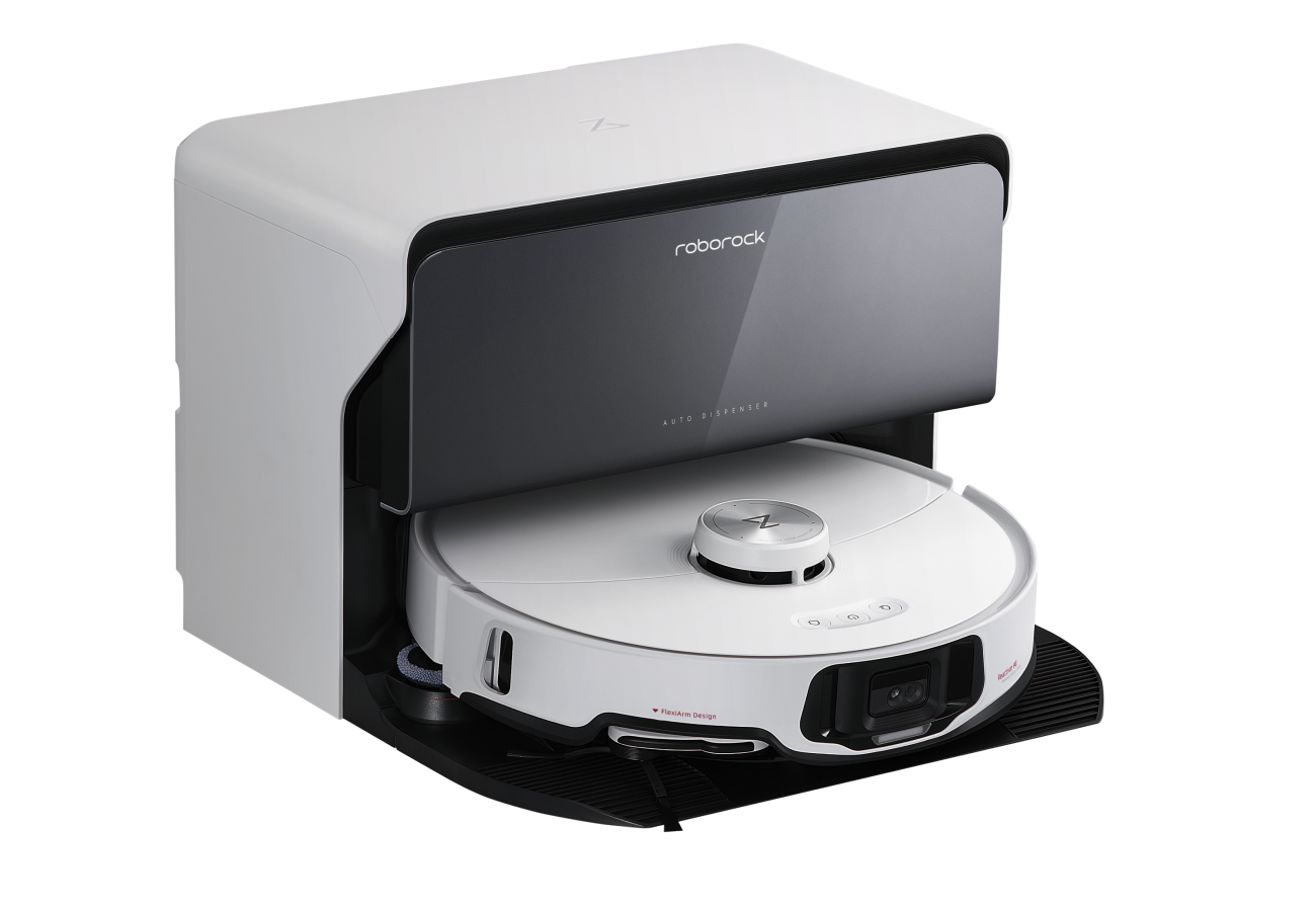Roborock S8 MaxV Ultra robot vacuum docked in its auto-emptying station, showing FlexiArm Design and Reactive AI.