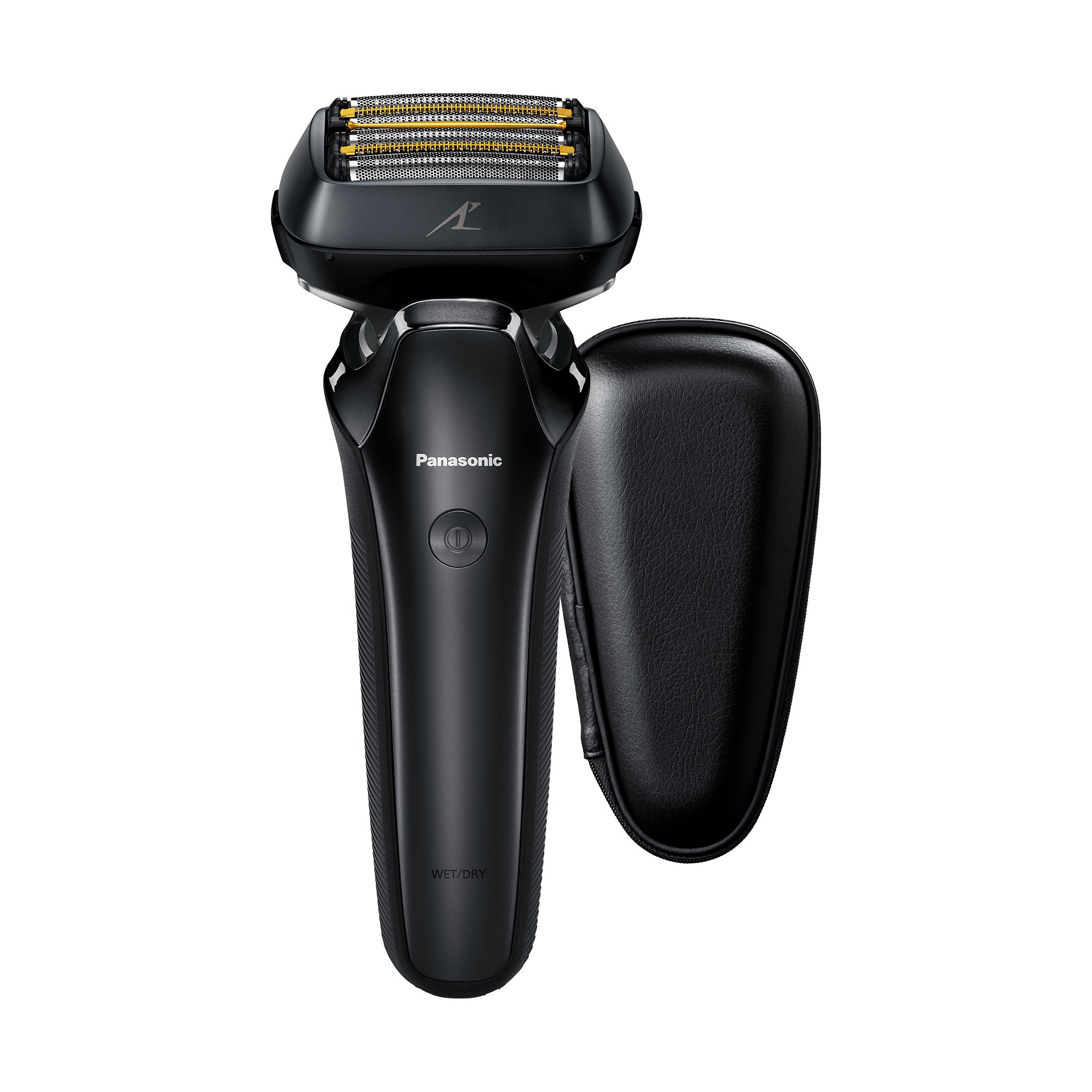 Black Panasonic Arc6 electric shaver with 6-blade system and wet/dry function, shown with its protective travel case.
