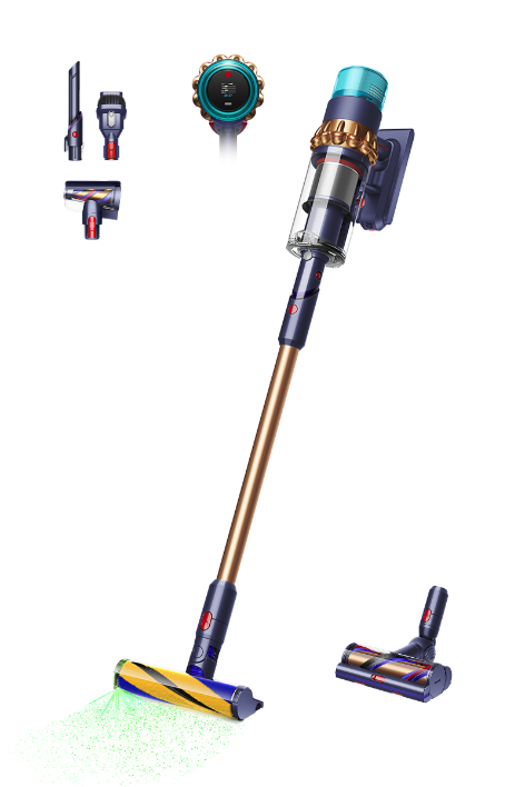 Dyson Gen5 Detect Absolute cordless vacuum illuminating dust with laser, showing digital display and full accessory kit.