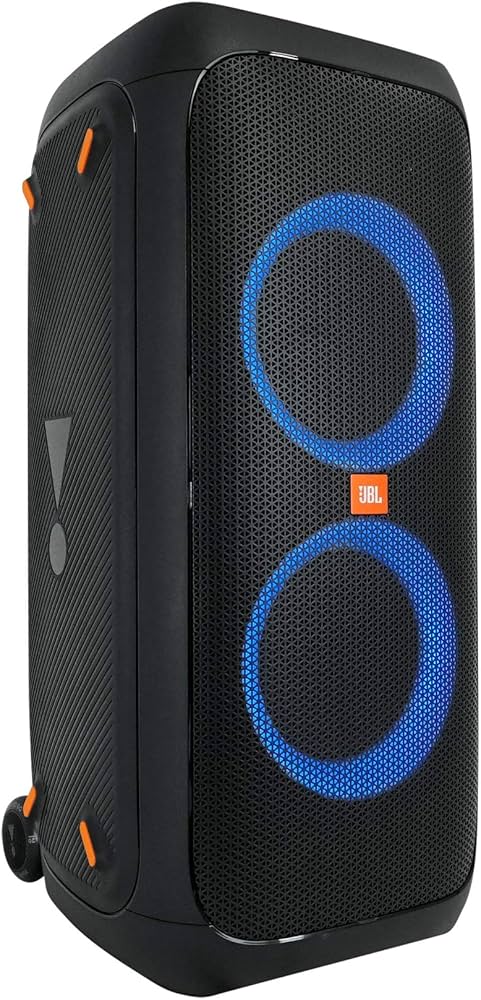 Black JBL PartyBox 310 portable speaker with two blue illuminated light rings and an orange JBL logo.