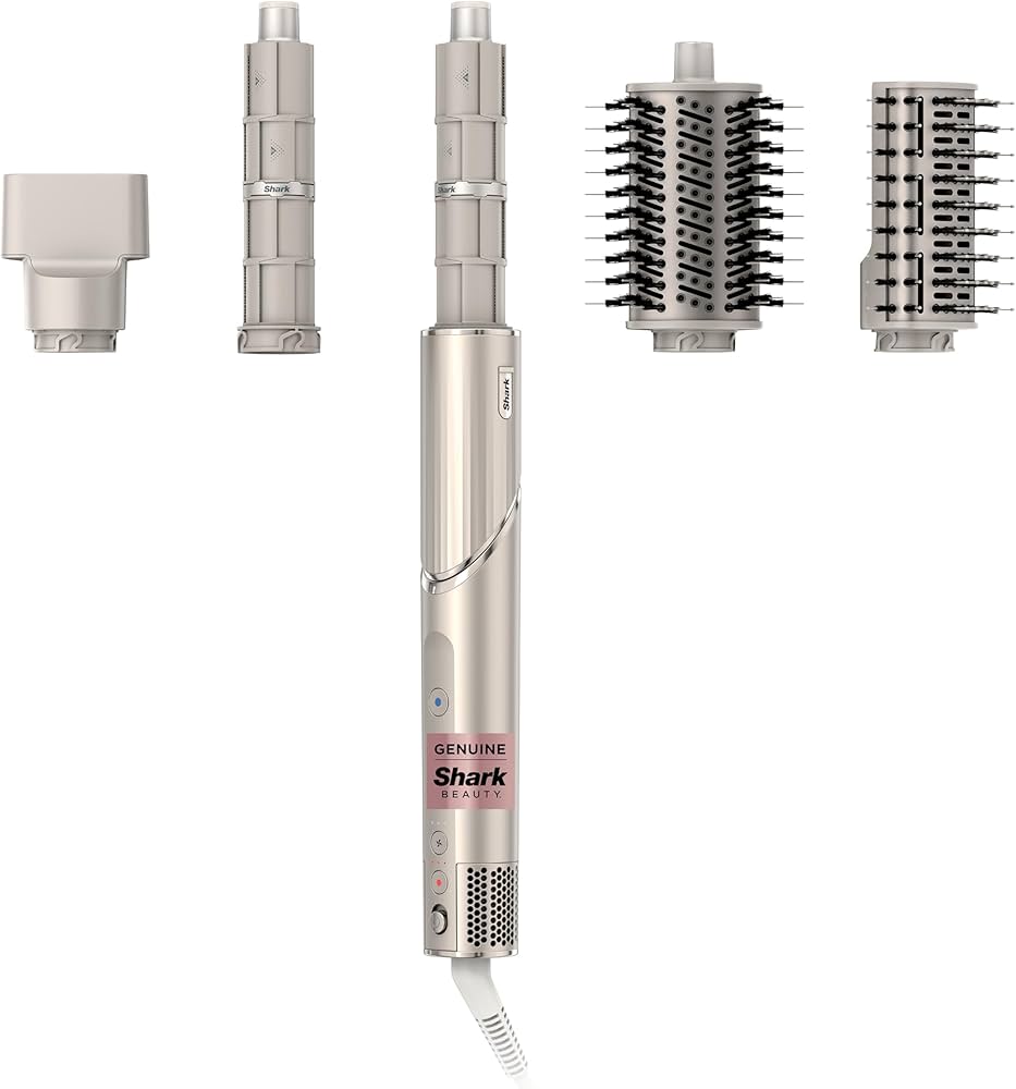 Shark FlexStyle 5-in-1 multi-styler in champagne, with main unit, auto-wrap curlers, round brush, paddle brush, diffuser.