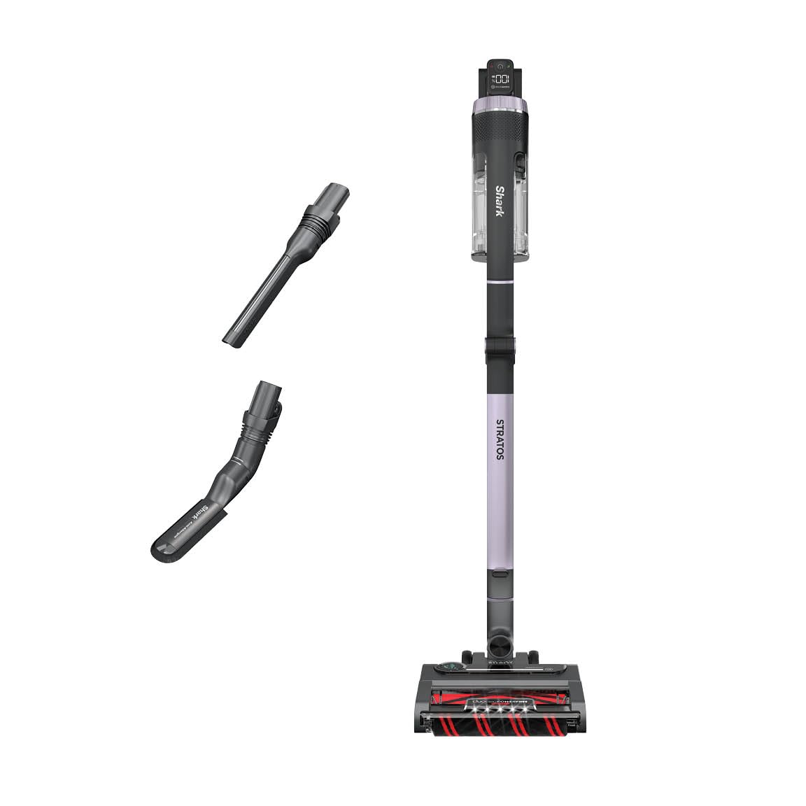 Shark Stratos cordless stick vacuum in gray and purple, shown with a crevice tool and flexi-wand attachment.