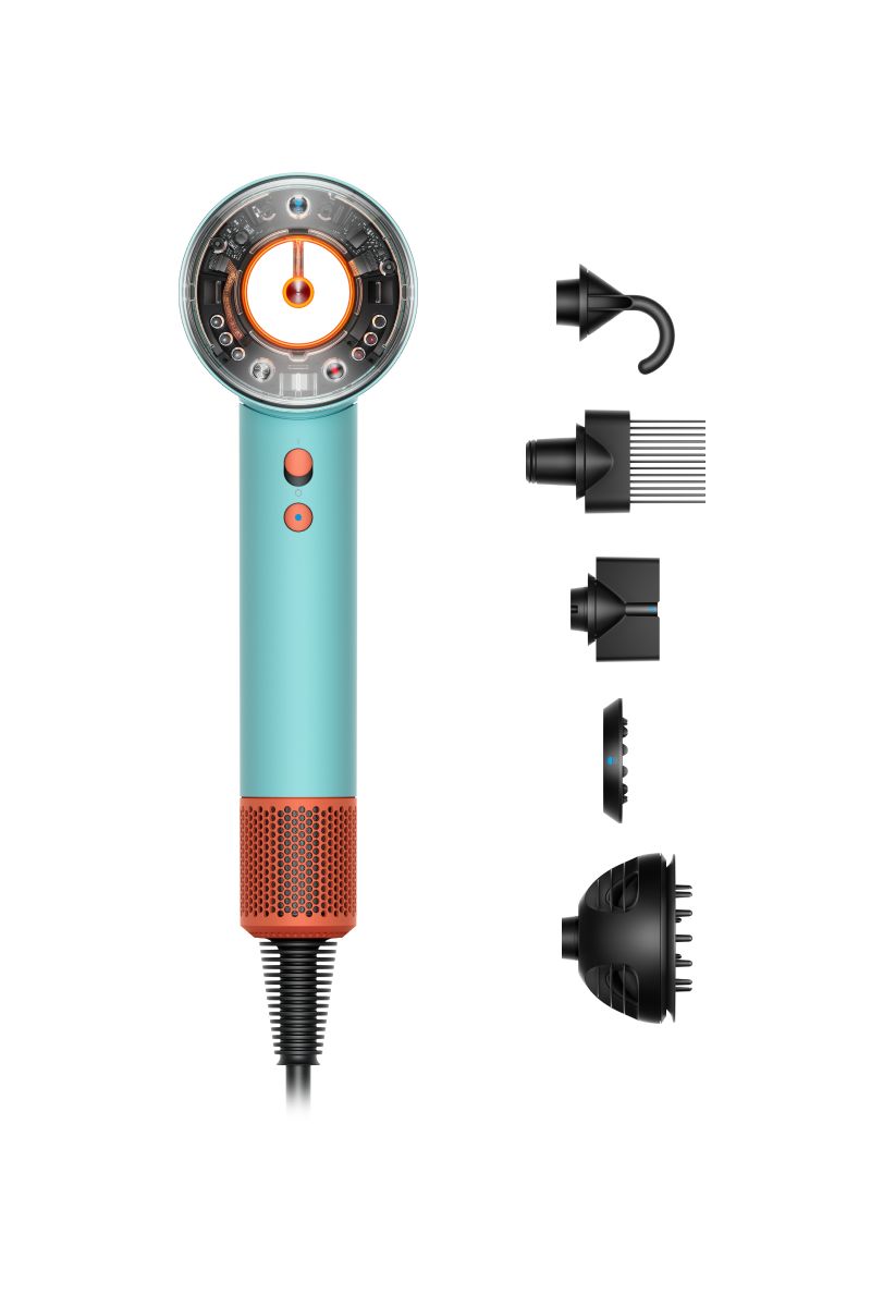 Dyson Supersonic Nural hair dryer, teal and orange, with transparent head showing internal tech, and multiple black styling attachments.