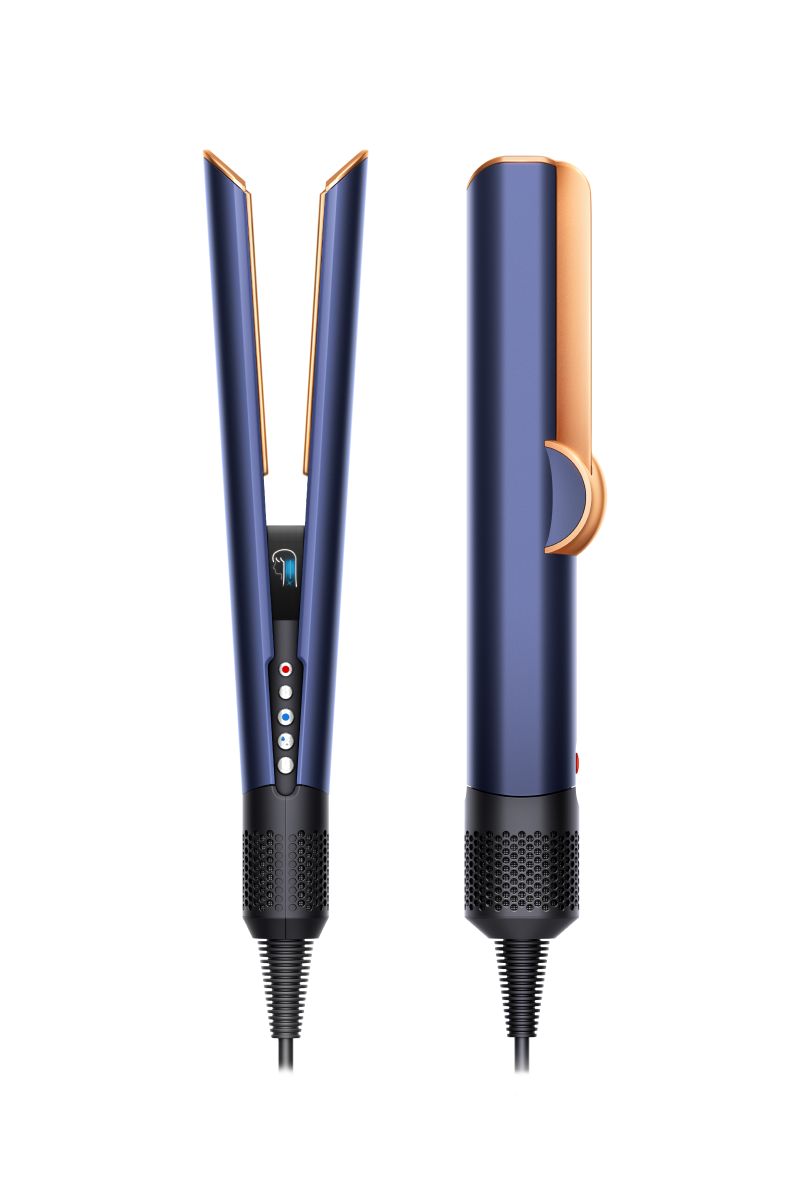 Dyson Airstrait wet-to-dry hair straightener in indigo and rose gold, shown open and closed with controls.