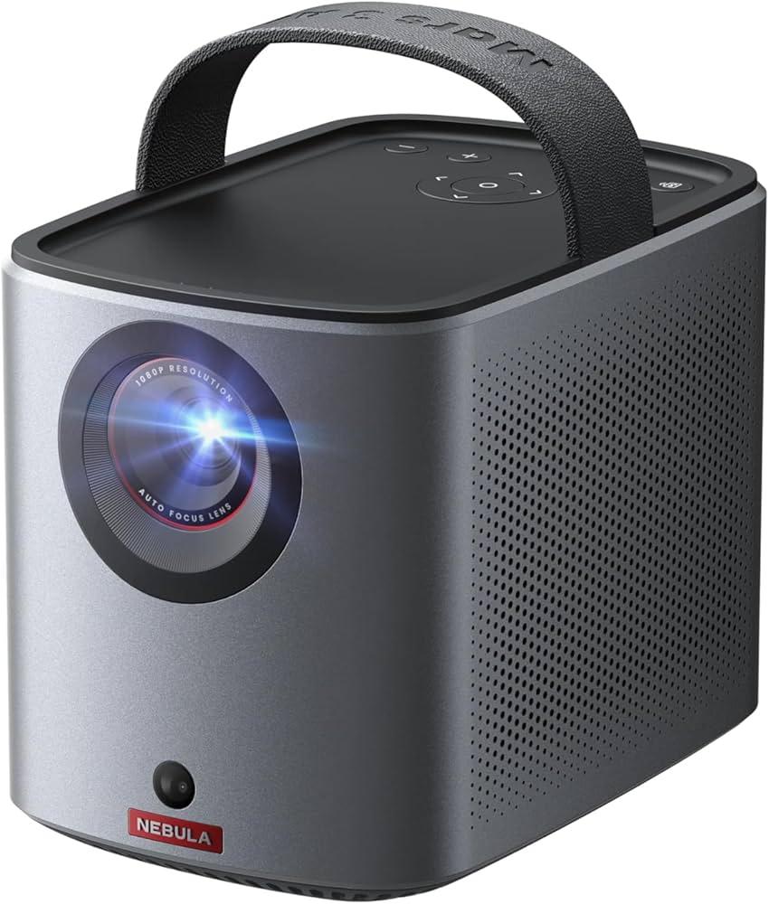 Anker Nebula Mars 3 portable projector in dark gray with a top handle, showcasing its 1080P auto-focus lens.