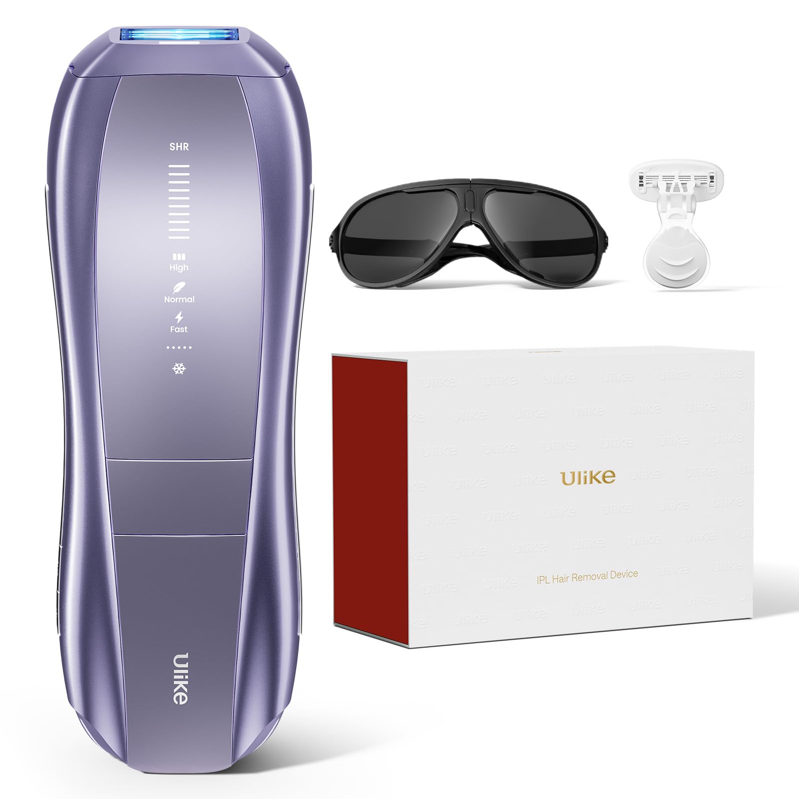 Ulike Air 10 IPL hair removal device kit featuring a purple handset, protective eyewear, and razor.