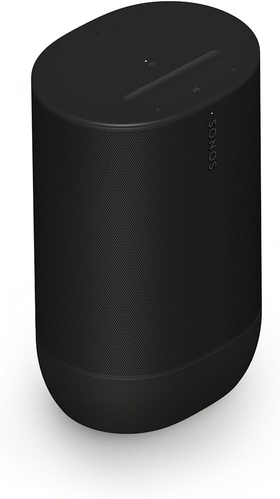 Black Sonos Move 2 portable smart speaker with touch controls and Sonos logo, shown from an angled perspective.