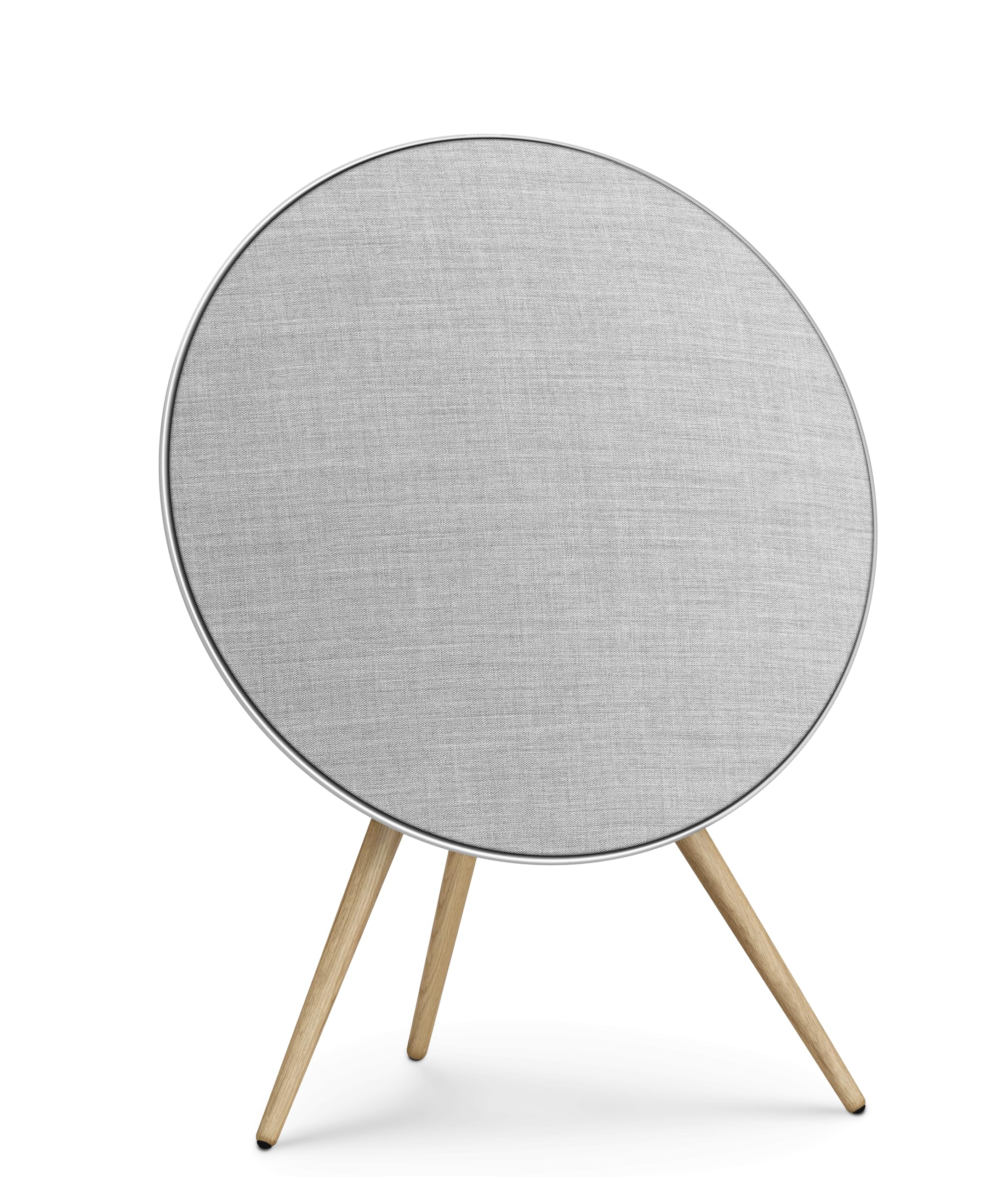 Bang & Olufsen Beosound A9 speaker in light gray with silver trim and wooden tripod legs on a white background.