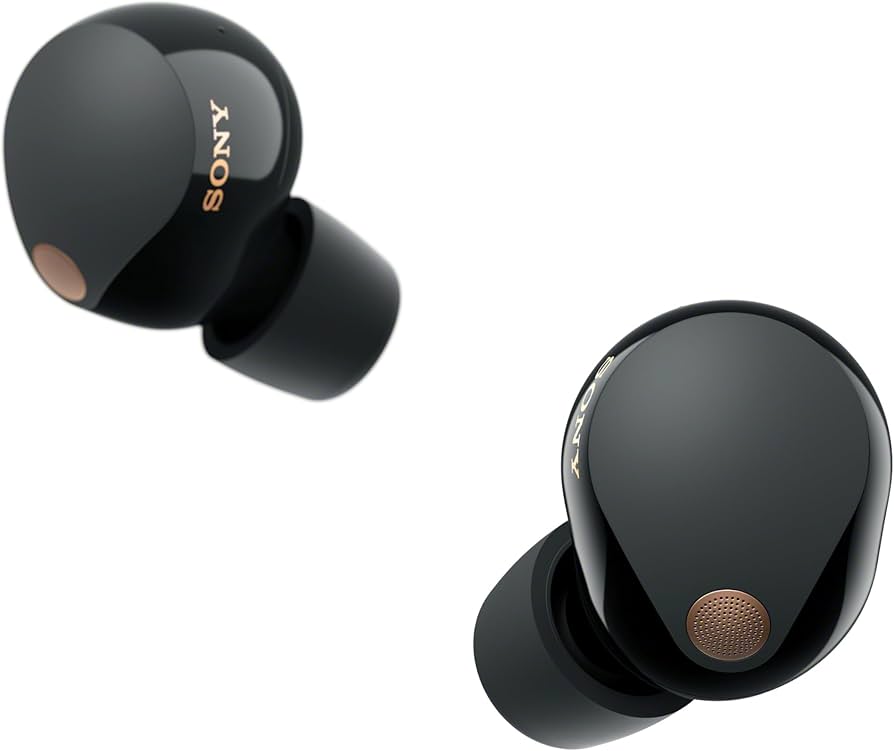 Two black Sony WF-1000XM5 truly wireless noise-cancelling earbuds with gold Sony logo and copper accents.