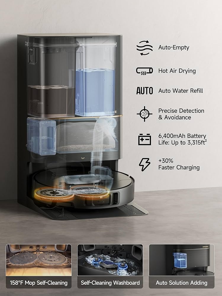 Dreame X40 Ultra robot vacuum and mop dock, showcasing auto-empty, hot air drying, self-cleaning, and auto water refill.