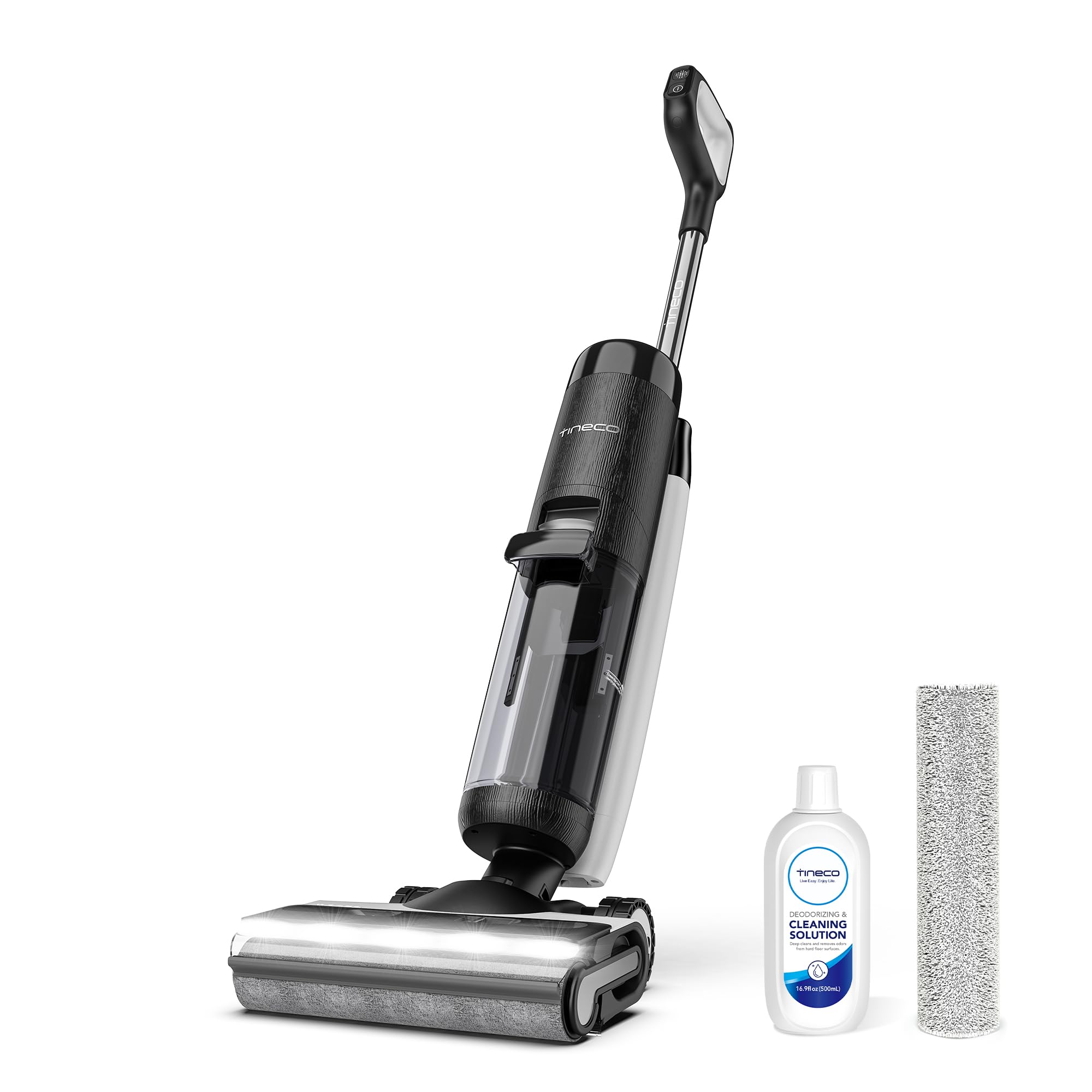 Tineco Floor One S7 Pro smart wet dry vacuum, cleaning solution, and roller brush, for efficient hard floor cleaning.