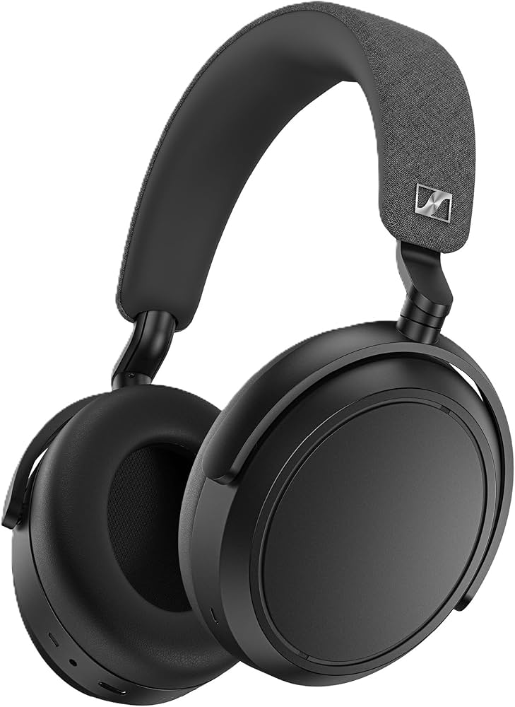 Black Sennheiser Momentum 4 Wireless over-ear headphones with fabric headband and Sennheiser logo.