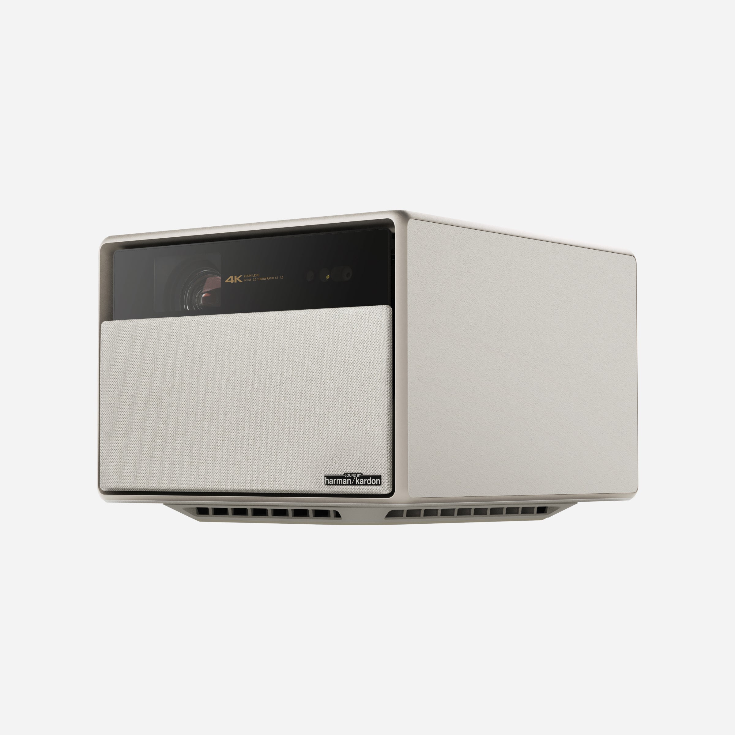 XGIMI Horizon Ultra 4K smart projector, light beige with a fabric front and Harman Kardon branding.