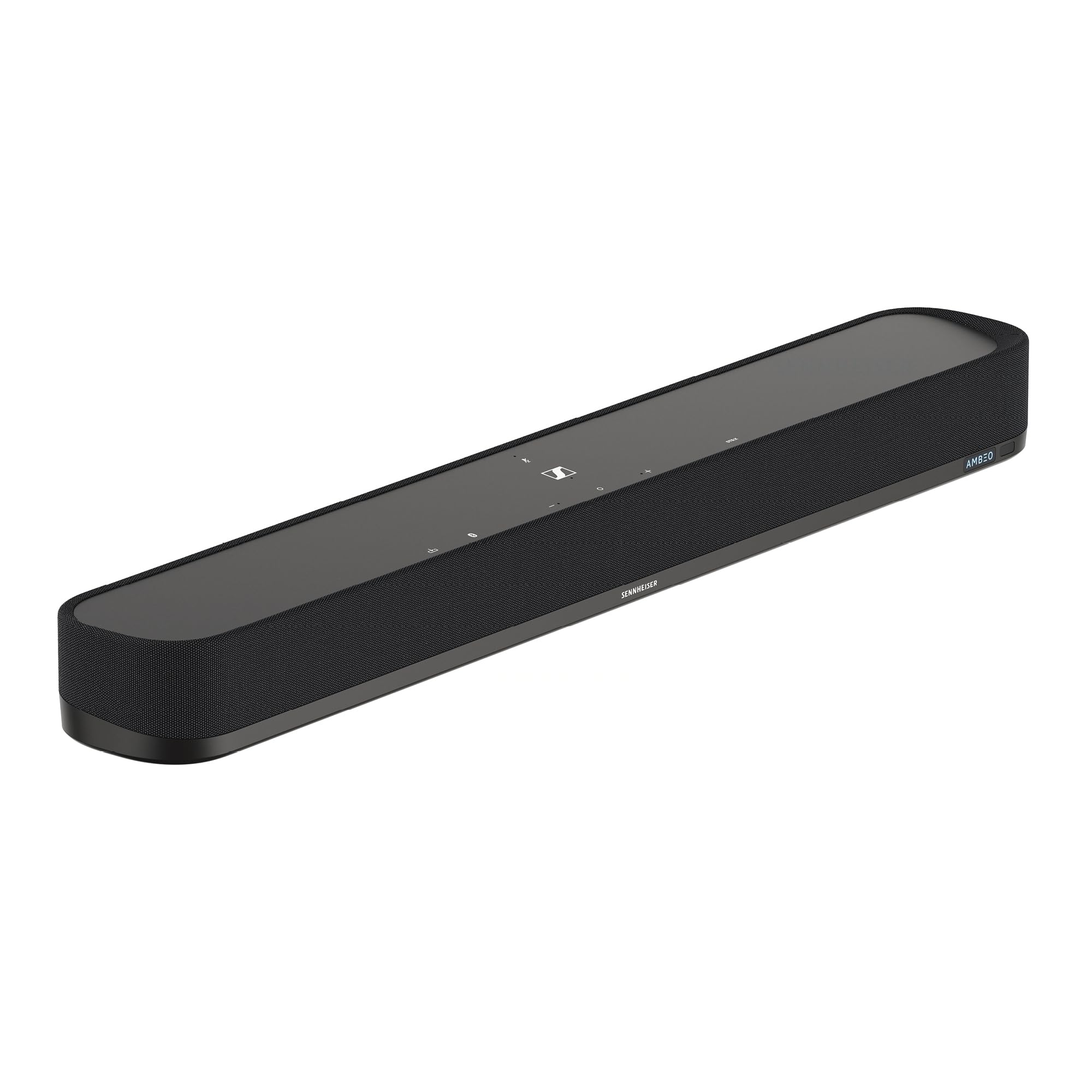 Black Sennheiser Ambeo Soundbar Mini with minimalist design and touch controls.