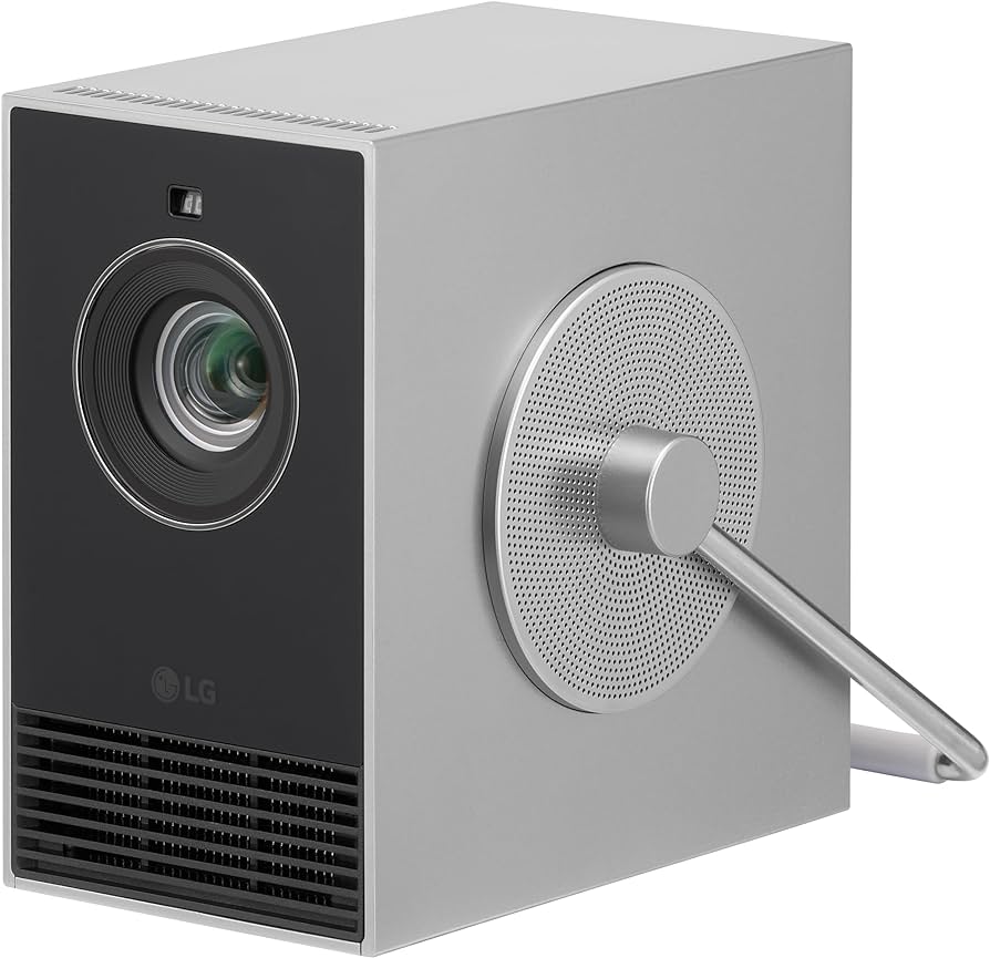 Sleek silver LG CineBeam Q portable 4K projector with a prominent lens and unique integrated handle/stand on its side.