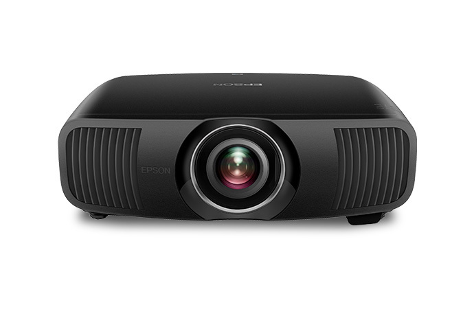 Front view of the black Epson LS12000 4K PRO-UHD home theater laser projector with a prominent lens.
