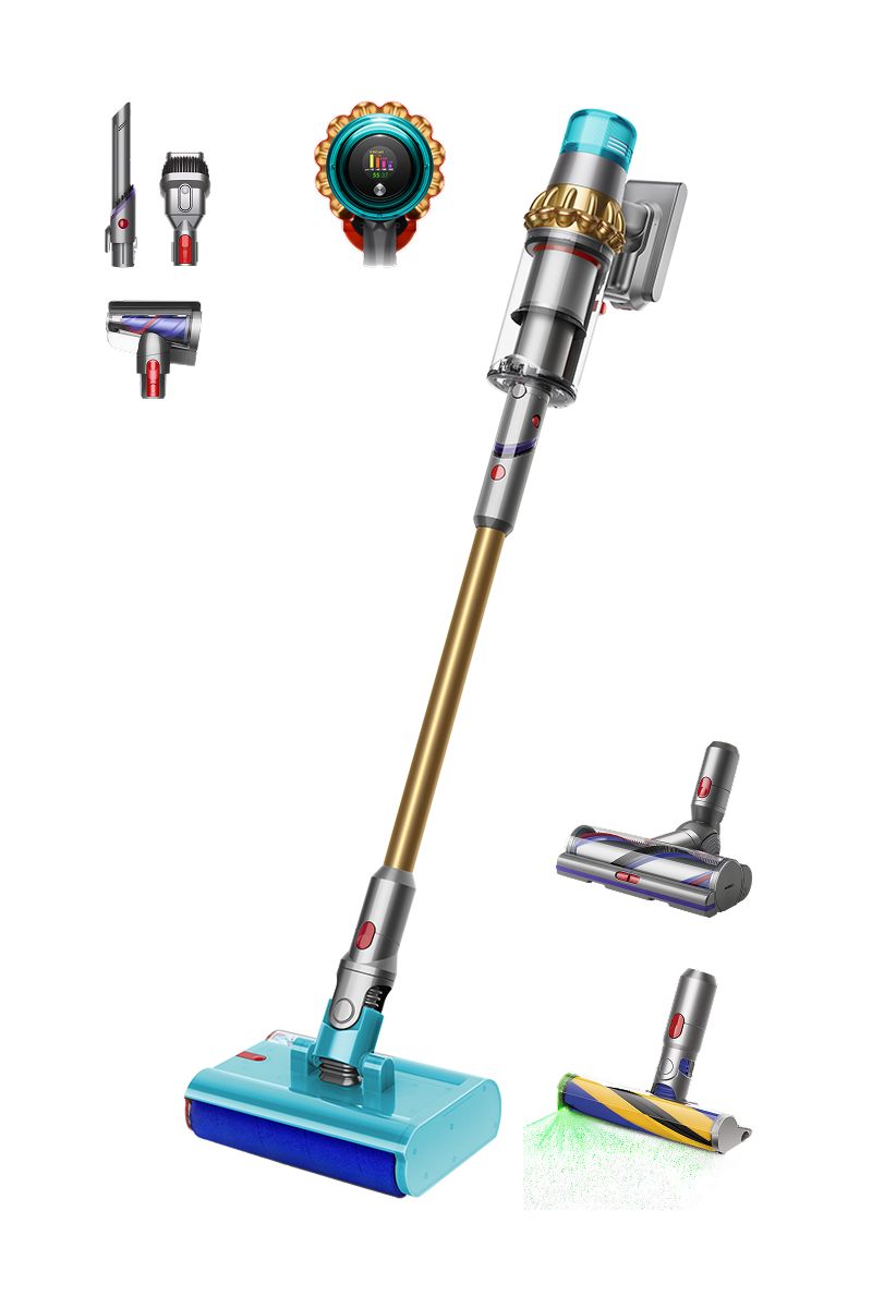 Dyson V15 Detect Submarine cordless vacuum with wet roller head, digital display, and various cleaning attachments.