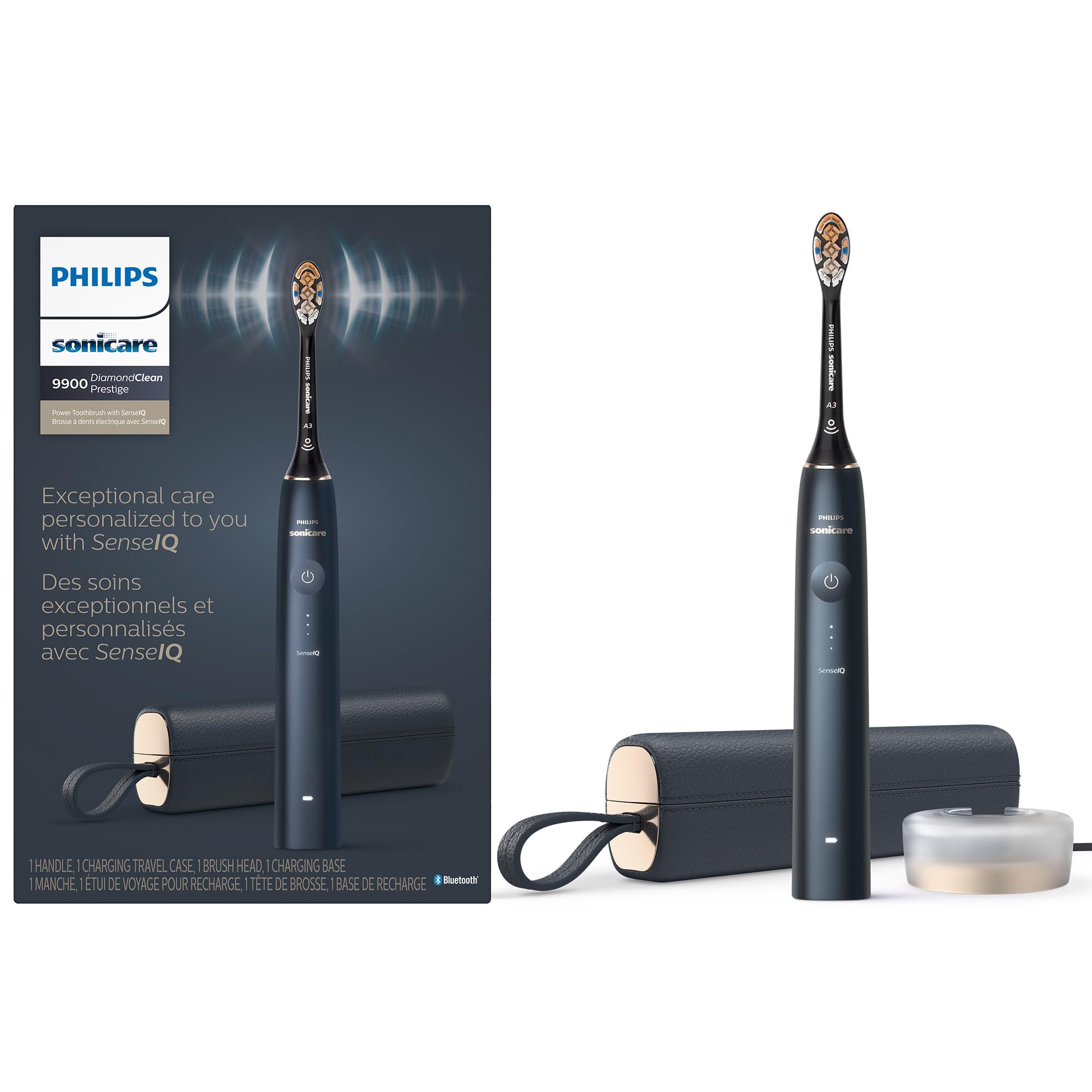 Philips Sonicare DiamondClean 9900 Prestige electric toothbrush with SenseIQ, charging travel case, and charging base.