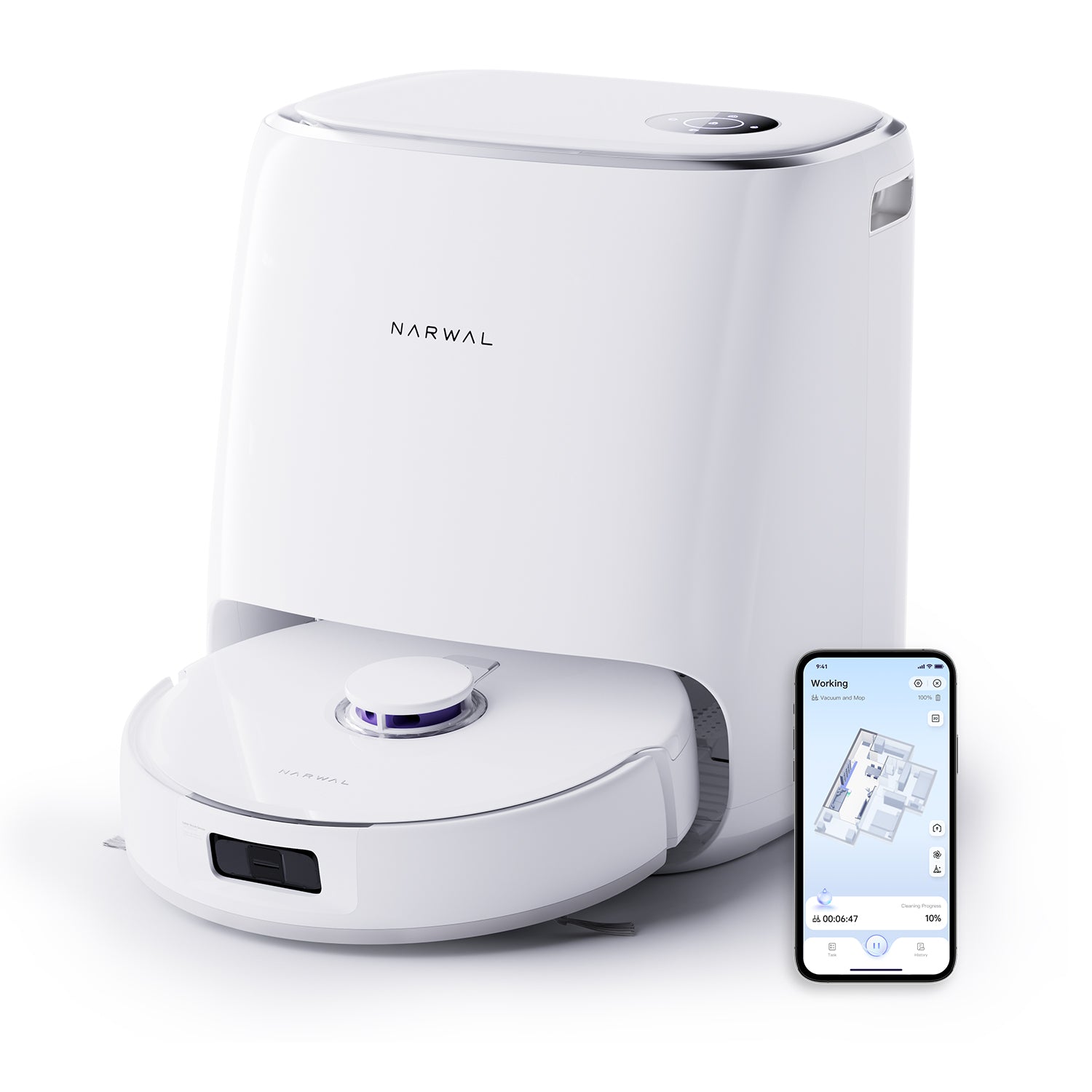 White Narwal Freo X Ultra robot vacuum and mop docked, with a smartphone showing its cleaning map and status.