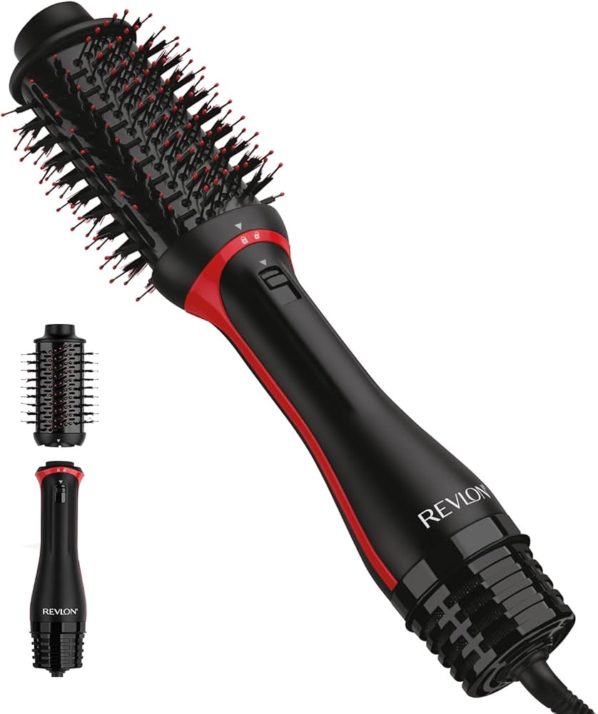 Revlon One-Step Volumizer Plus detachable hot air brush, black with red accents, showing main unit and separate head/handle.