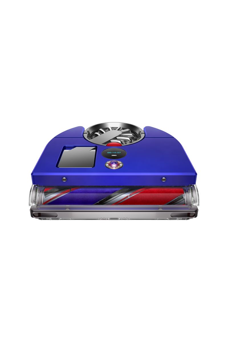 Top view of a blue Dyson 360 Vis Nav robot vacuum cleaner showing its display, fan, and red and purple brush bar.