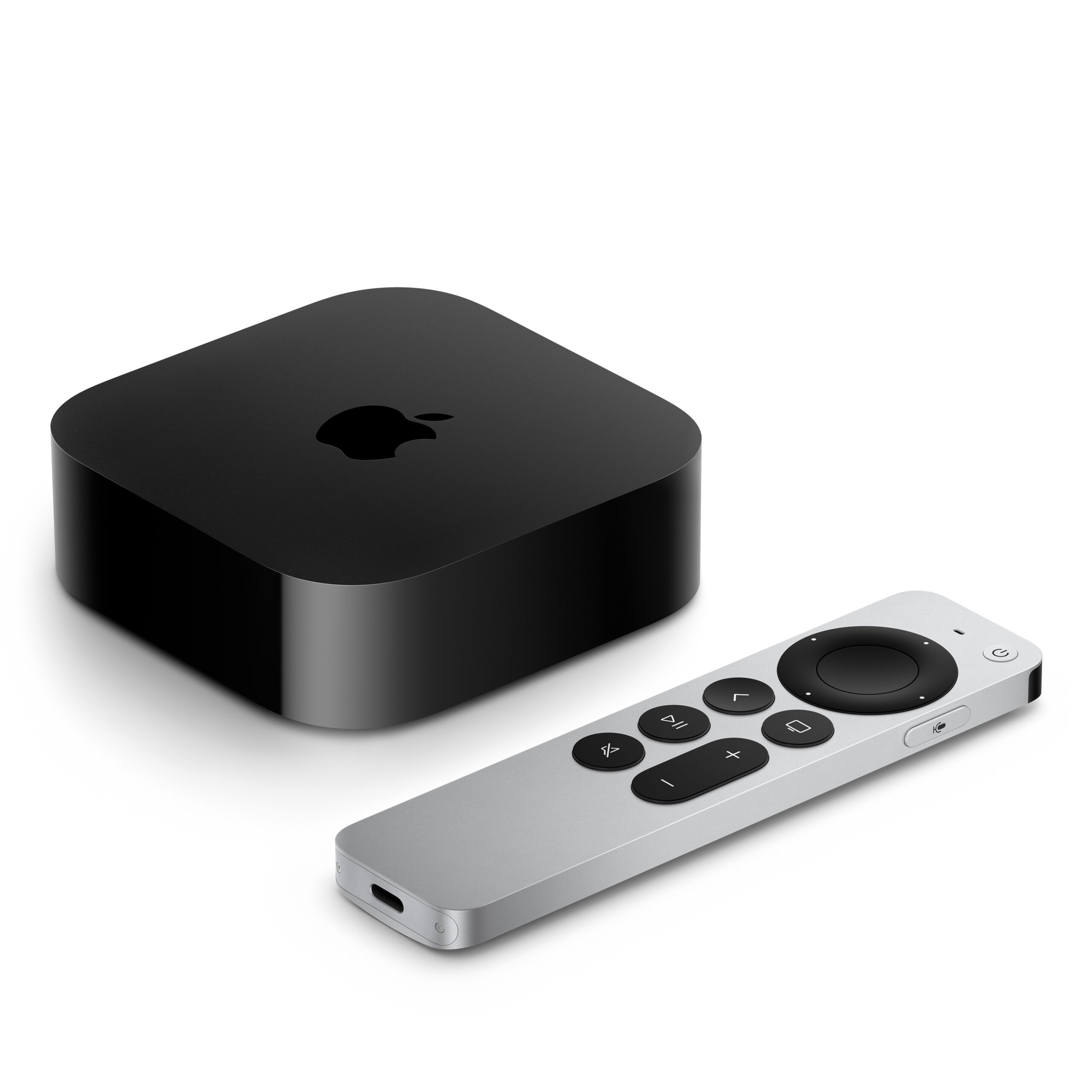 Apple TV 4K (3rd Gen) streaming box and silver Siri Remote shown on a white background. Black device with Apple logo.