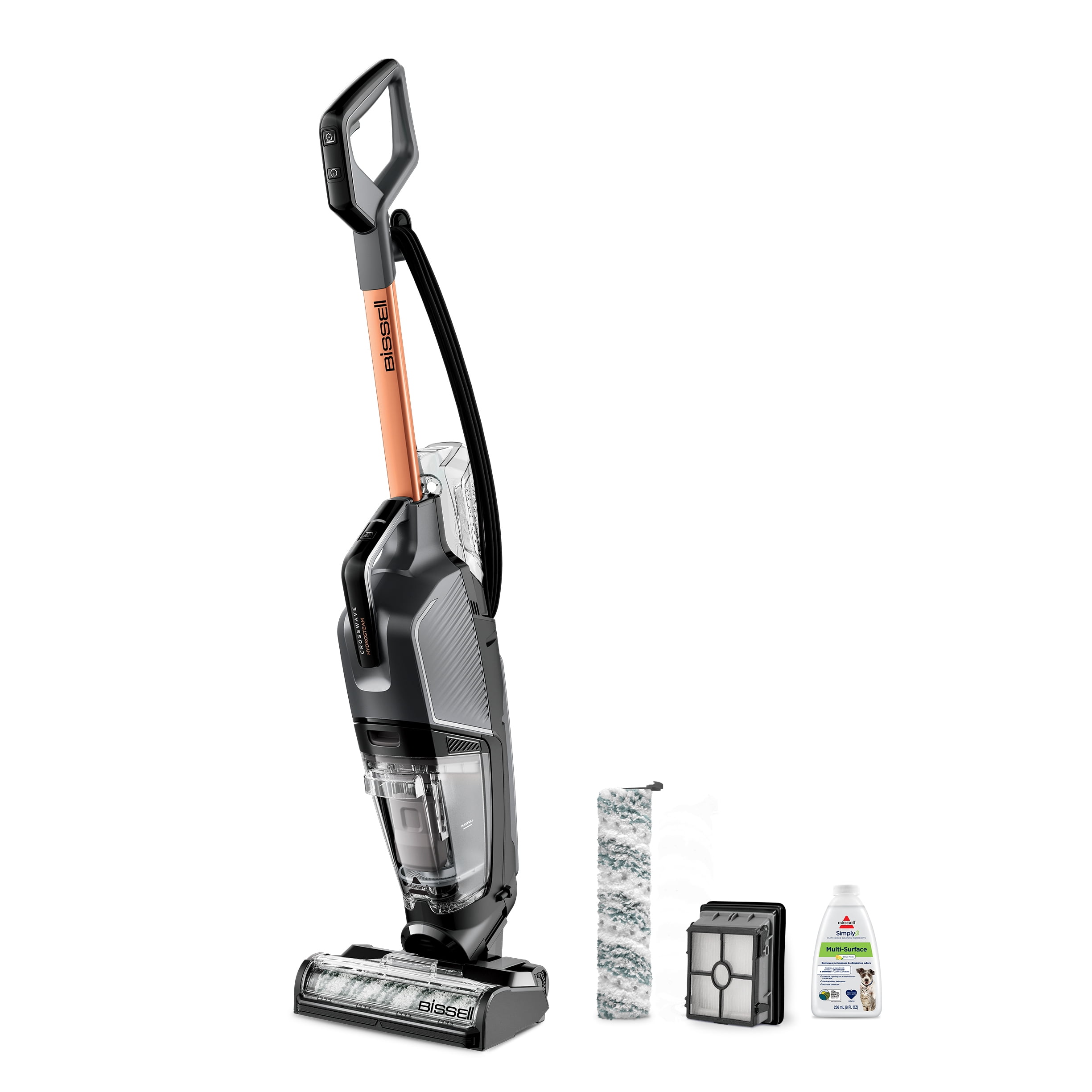 Bissell CrossWave HydroSteam multi-surface wet dry vacuum cleaner with pet formula, brush roll, and filter.