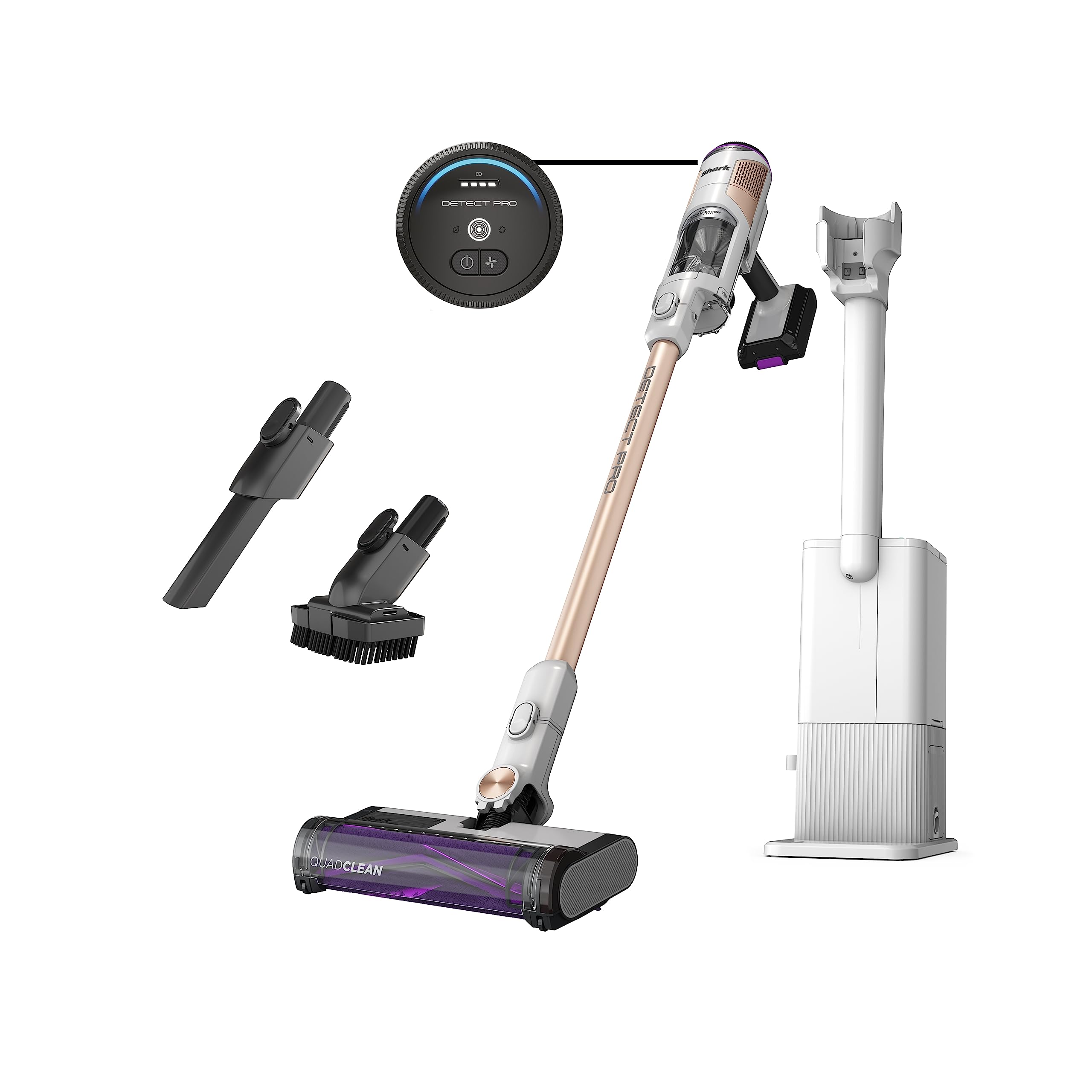 Shark Detect Pro cordless stick vacuum, white & rose gold, with auto-empty base, crevice tool, and brush.