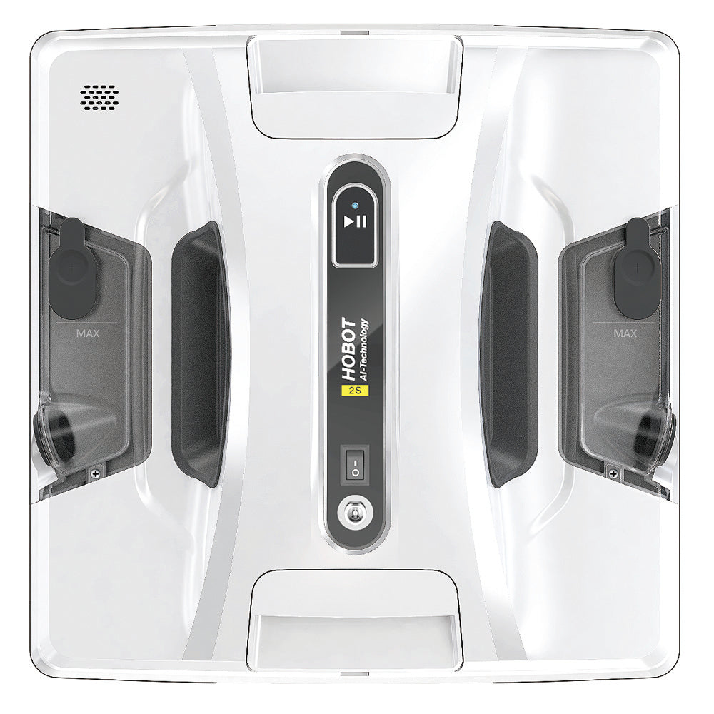 Top view of Hobot 2S automatic window cleaning robot, white and gray, with controls and solution tanks.