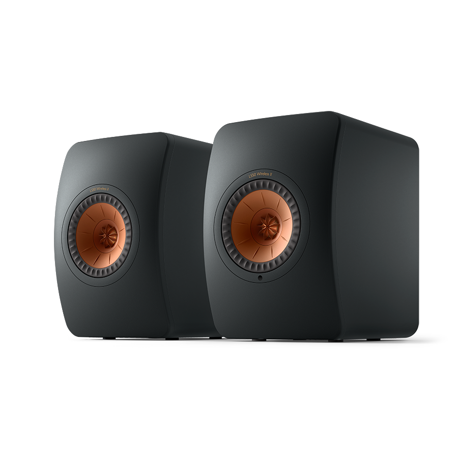 Pair of KEF LS50 Wireless II wireless speakers, carbon black with copper Uni-Q drivers.