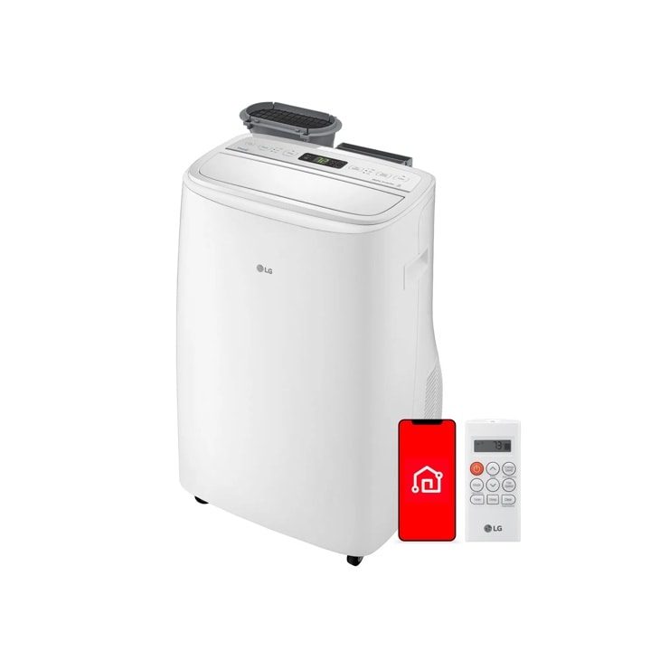 White LG DUAL Inverter Smart Portable AC with digital display, remote control, and smartphone showing smart home app.
