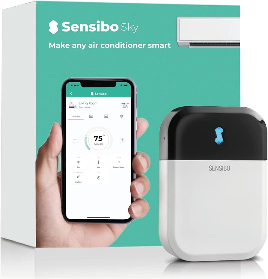 Sensibo Sky smart AC controller product box, physical device, and mobile app on a smartphone, highlighting smart AC control.