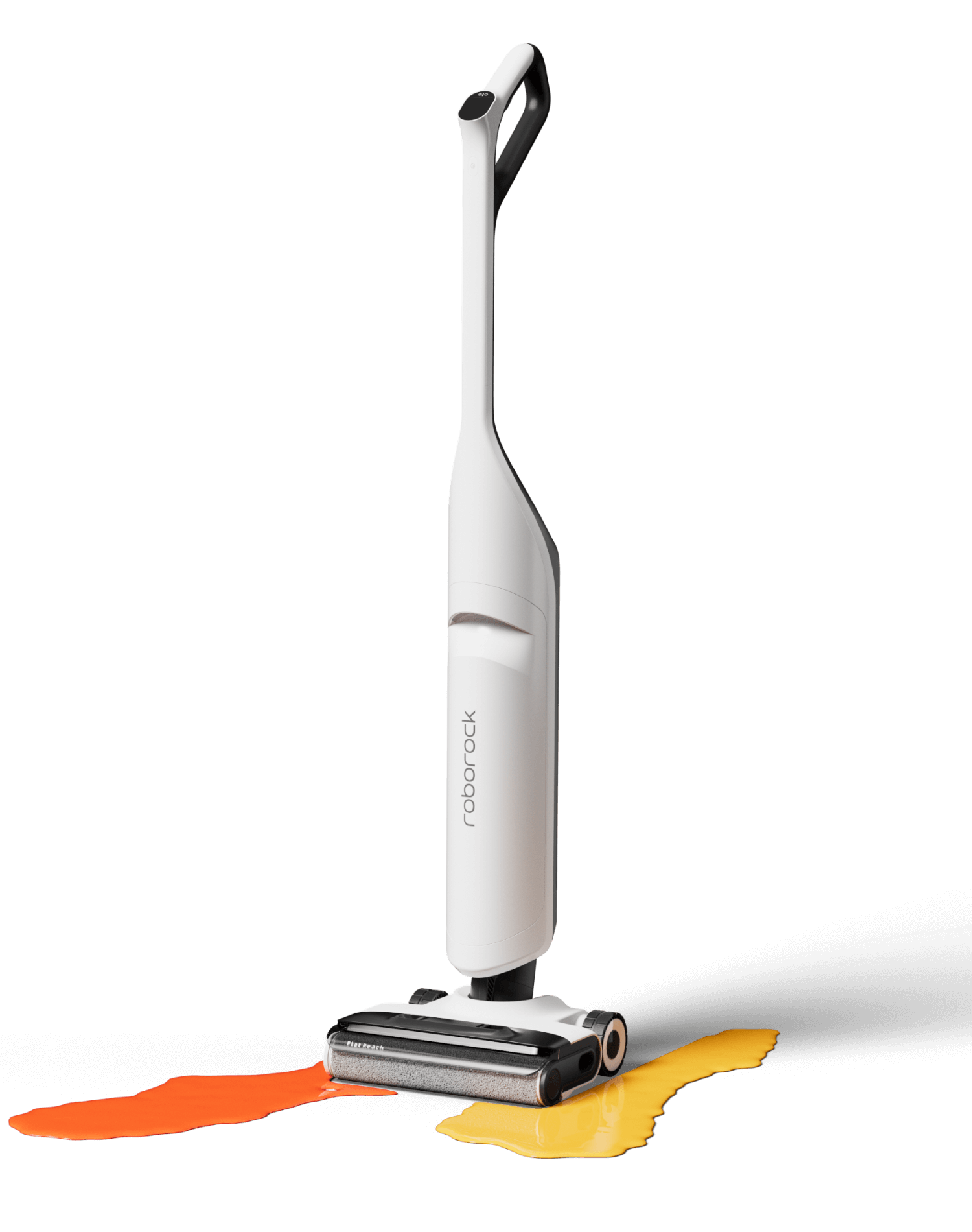 White Roborock Flexi Pro wet dry vacuum mop cleaning vibrant orange and yellow liquid spills on a black background.