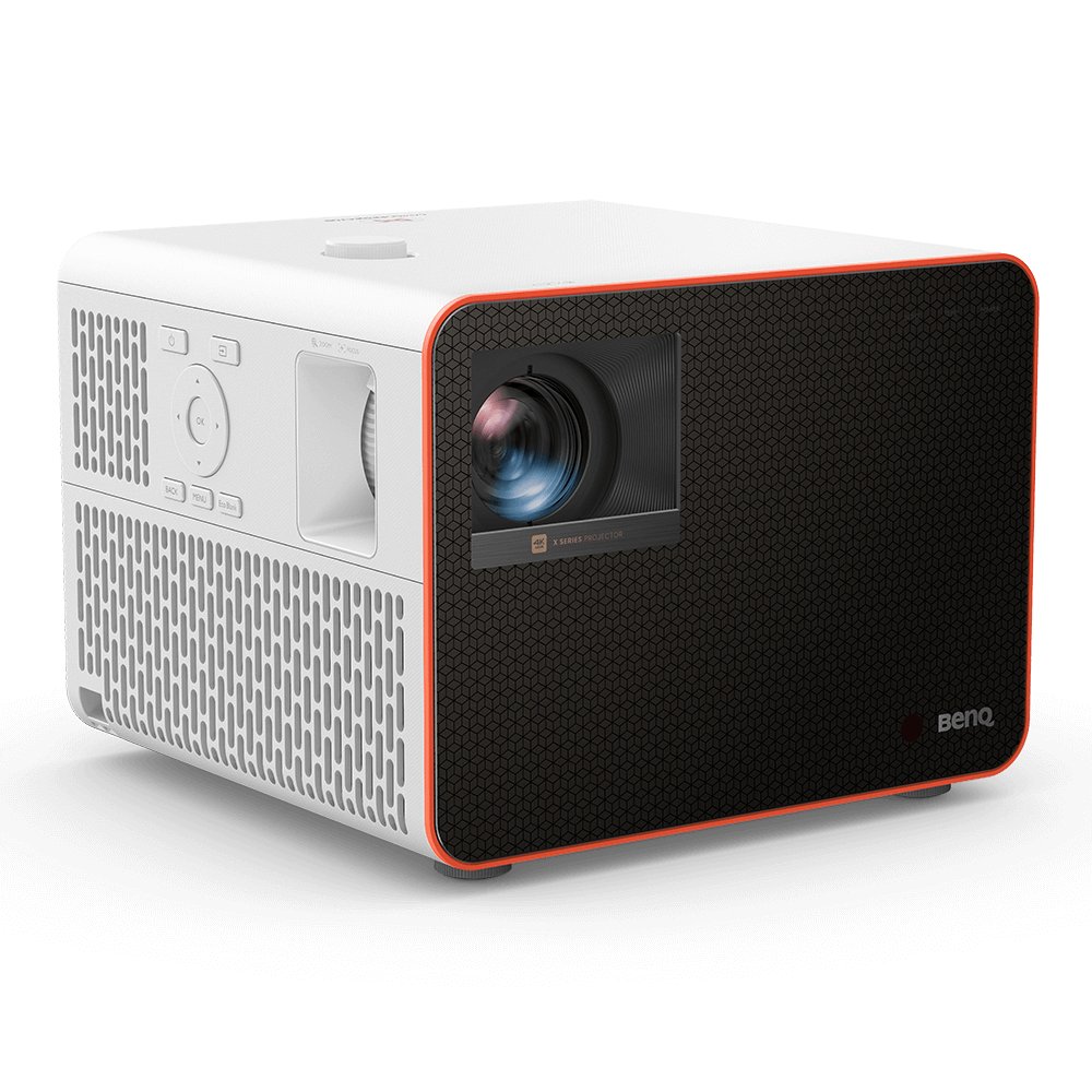 BenQ X3100i True 4K HDR gaming projector in white with black patterned front, orange trim, and lens.
