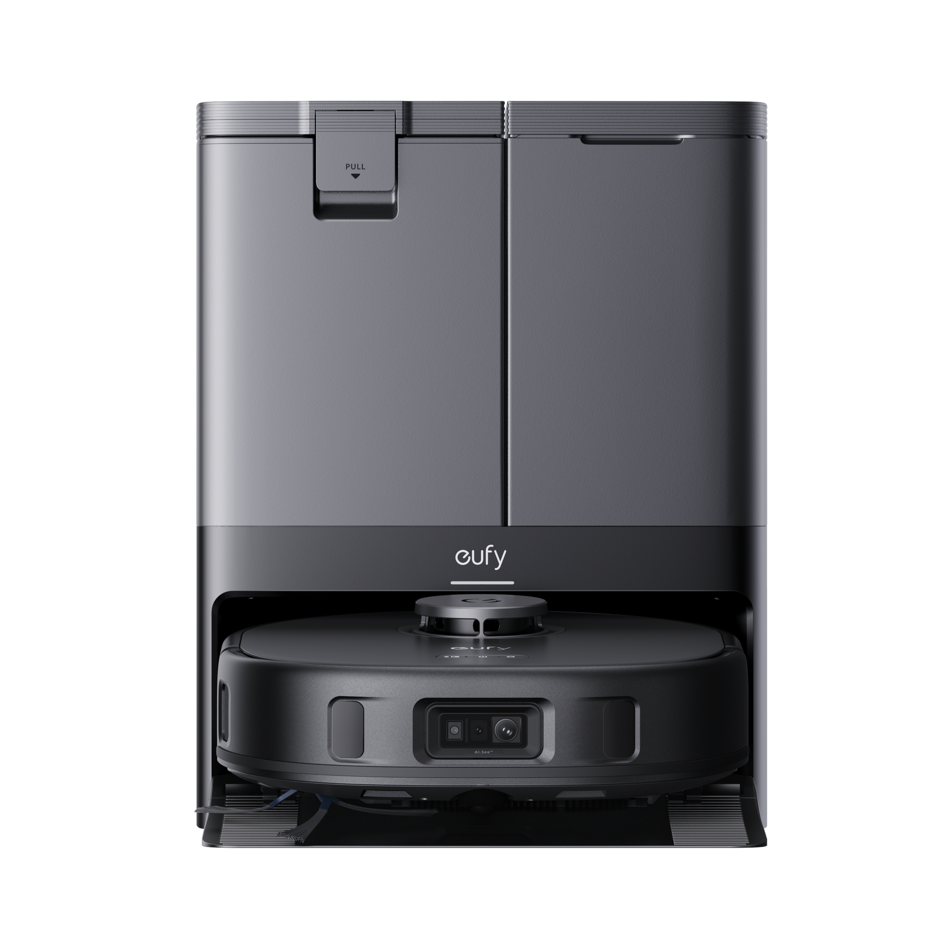 Front view of Eufy X10 Pro Omni robot vacuum docked in its dark gray self-emptying and mop-cleaning station.