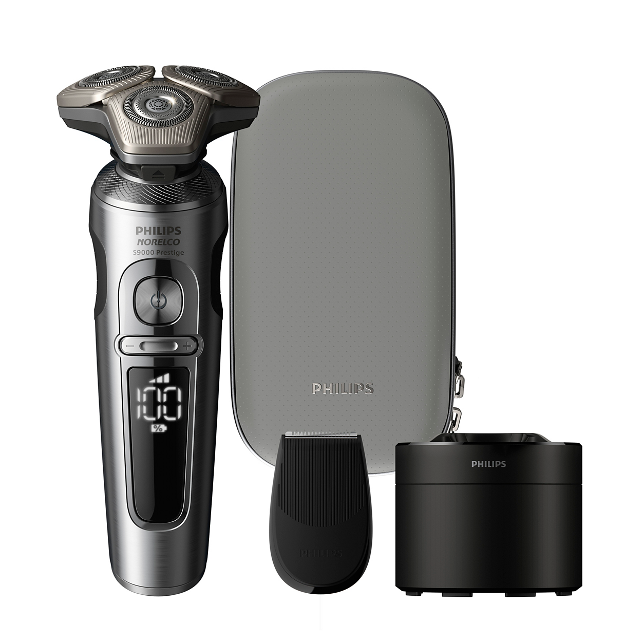 Philips Norelco S9000 Prestige electric shaver with travel case, beard trimmer, and cleaning station.
