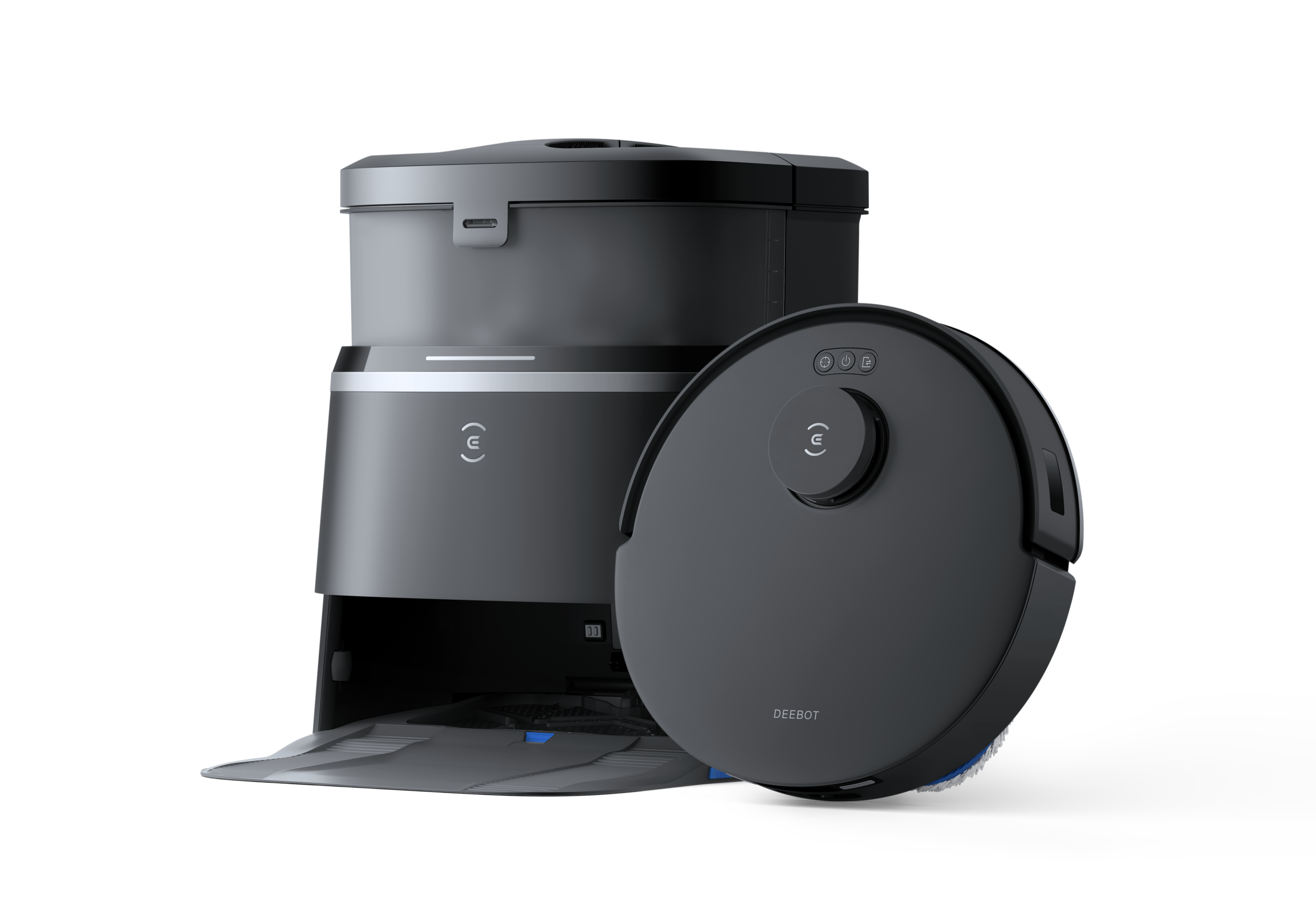 Ecovacs Deebot T30 Omni robot vacuum cleaner and auto-empty station in black on white background.