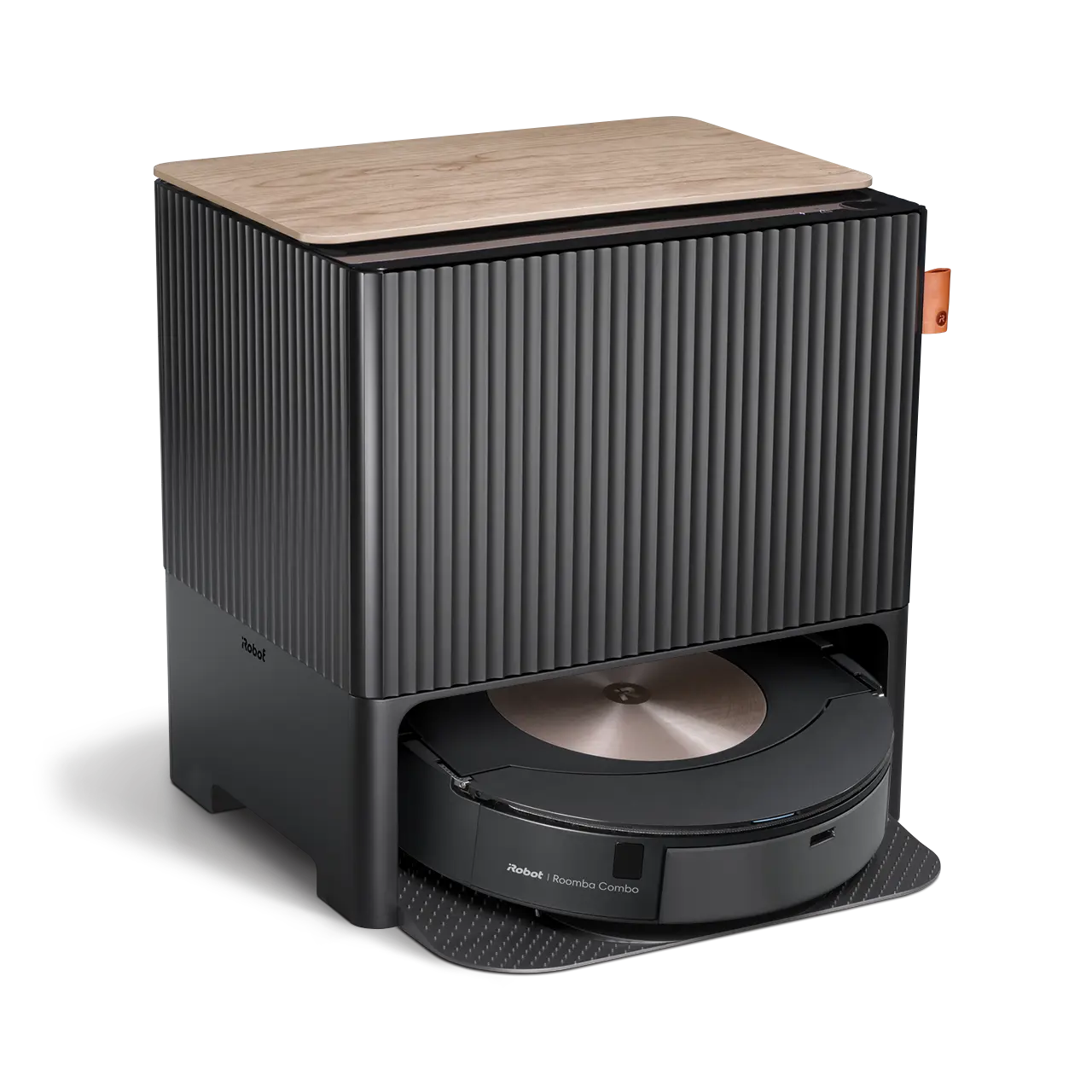 iRobot Roomba Combo j9+ robot vacuum in its dark grey auto-fill dock with ribbed sides and wood-look top.
