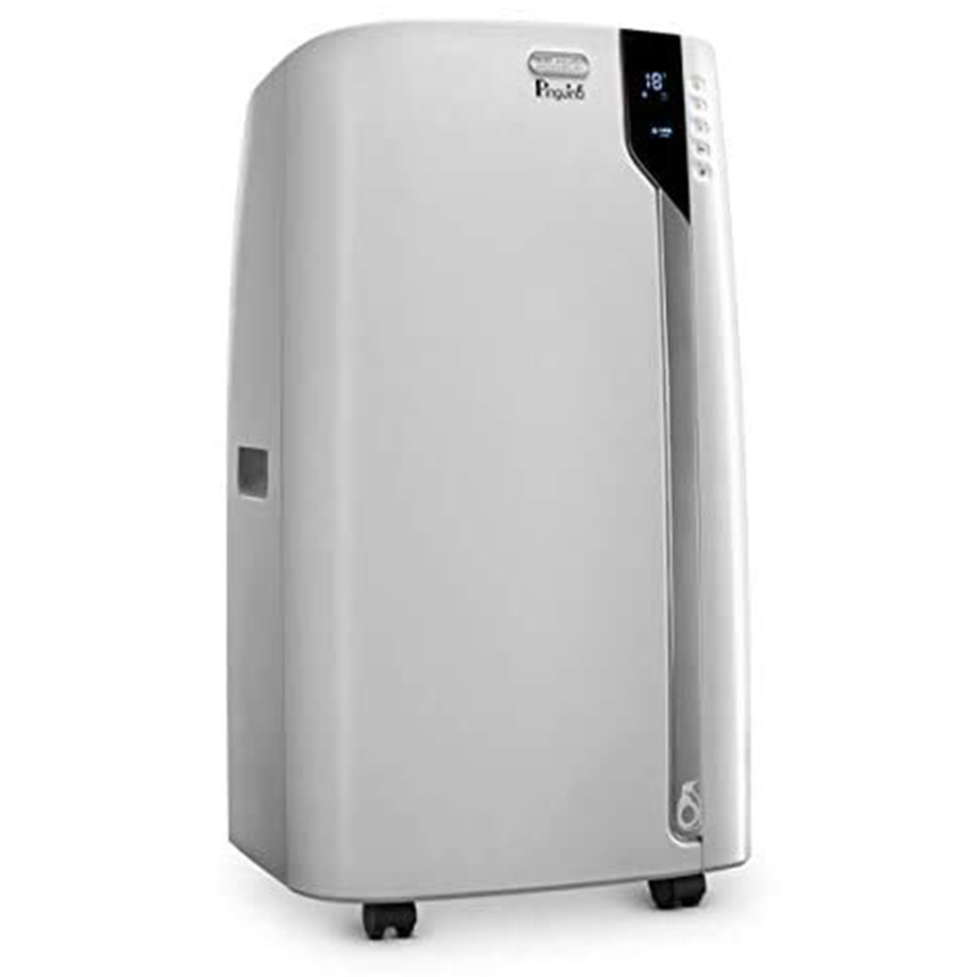 White De'Longhi Pinguino smart portable air conditioner with digital display, wheels, and black control panel.