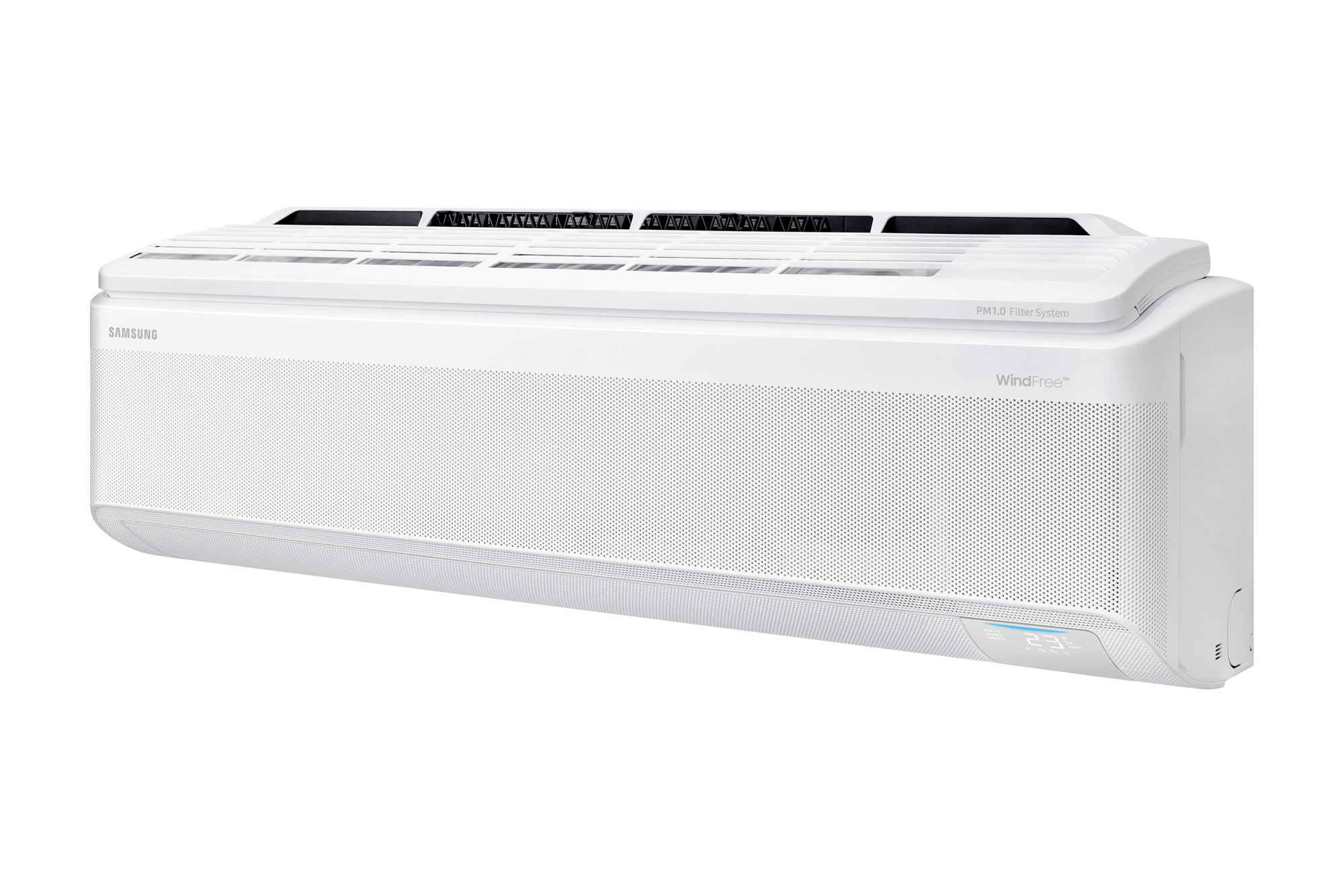 White Samsung WindFree™ smart air conditioner unit with PM1.0 Filter System and digital display.