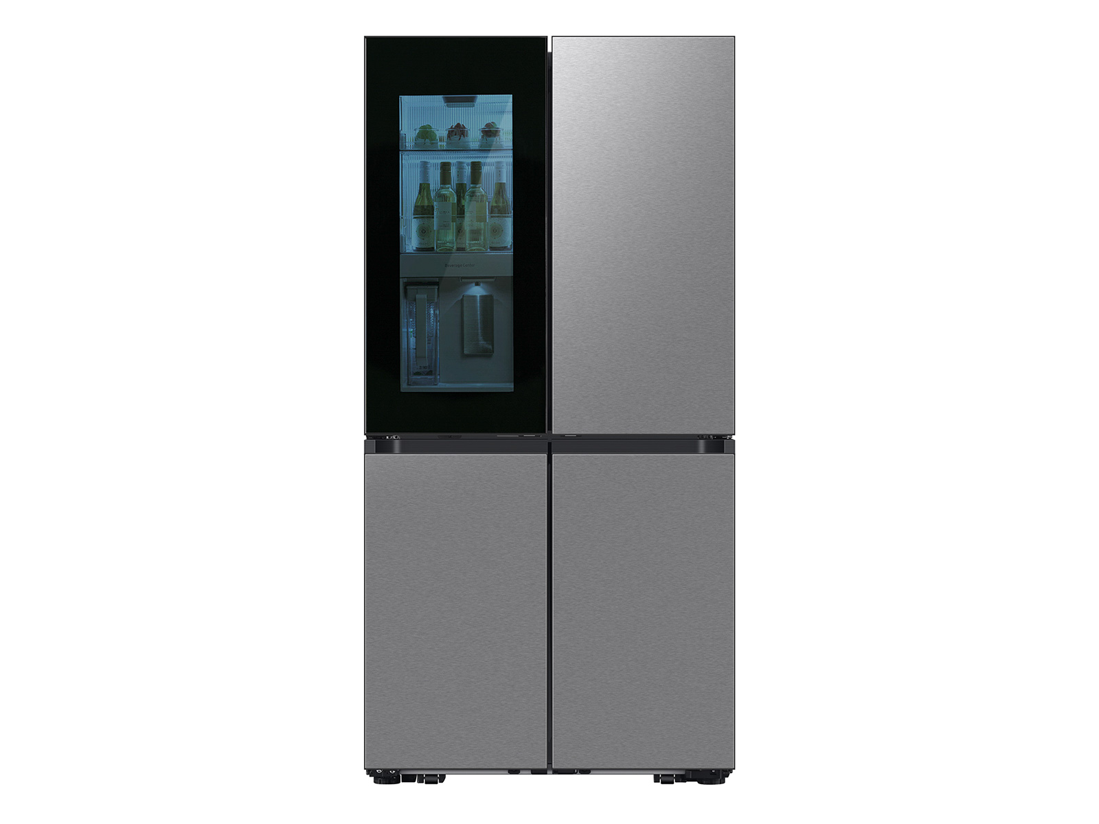 Samsung Bespoke 4-door flex refrigerator in brushed stainless steel, transparent door revealing beverage center with water dispenser.