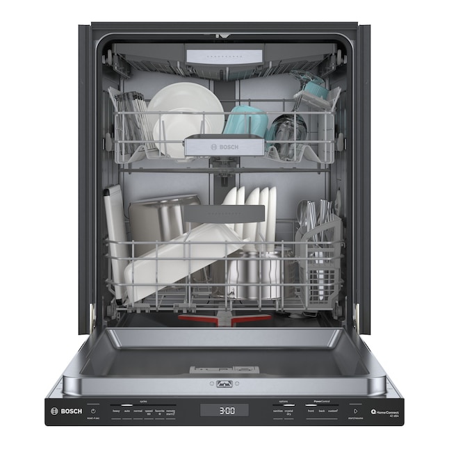 Bosch 800 Series smart dishwasher with door open, revealing loaded upper and lower racks, and the front control panel.