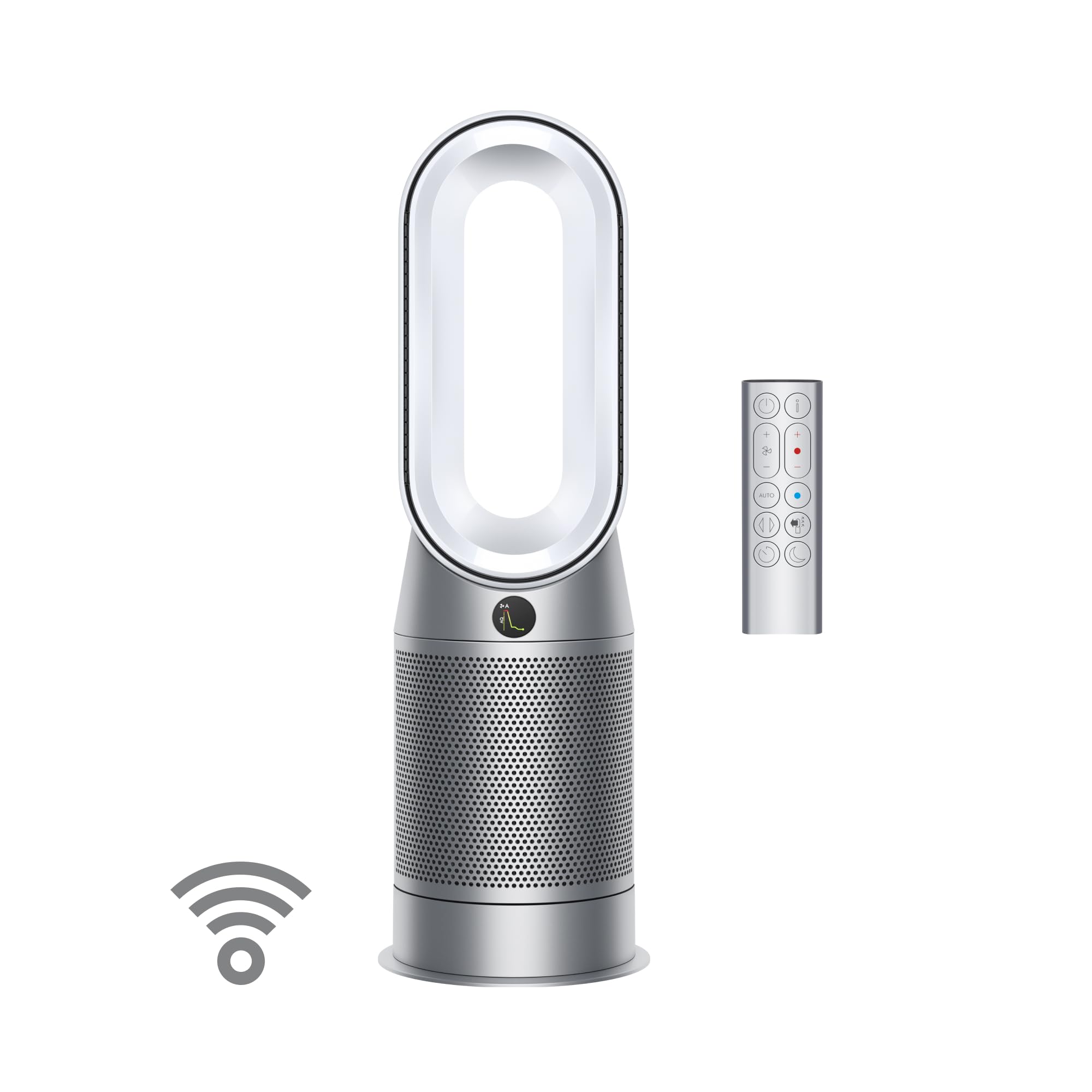 Dyson Purifier Hot+Cool HP07 smart air purifier, heater, and fan in silver/white with remote and Wi-Fi symbol.