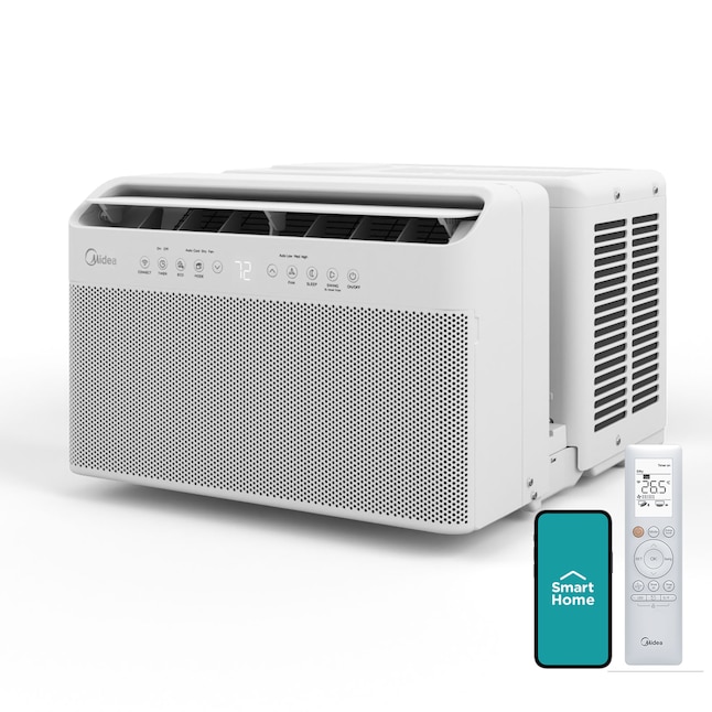 White Midea U-shaped smart inverter window AC unit with digital display, remote control, and Smart Home app visible.