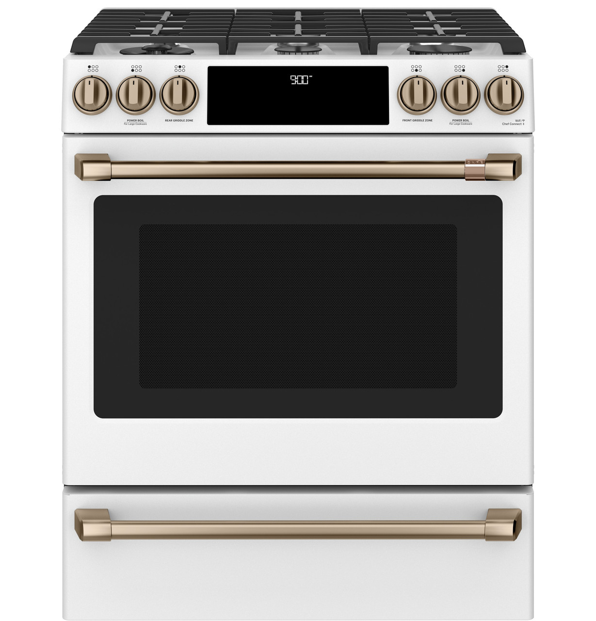 Front view of a white Cafe Smart Slide-In Gas Range with gold-tone handles and knobs, and an oven window.