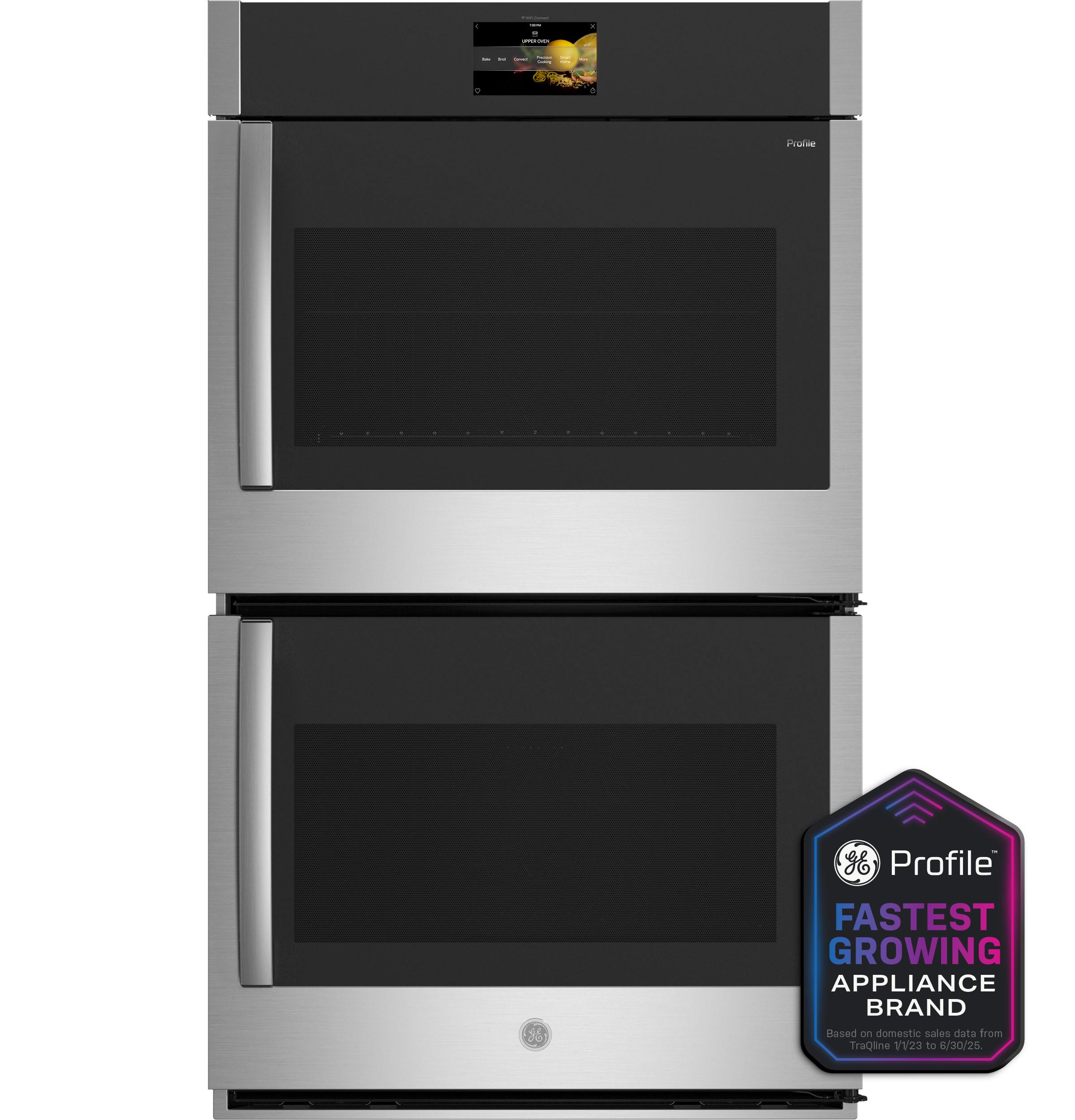 GE Profile smart built-in stainless steel double wall convection oven with a digital display showing cooking options.