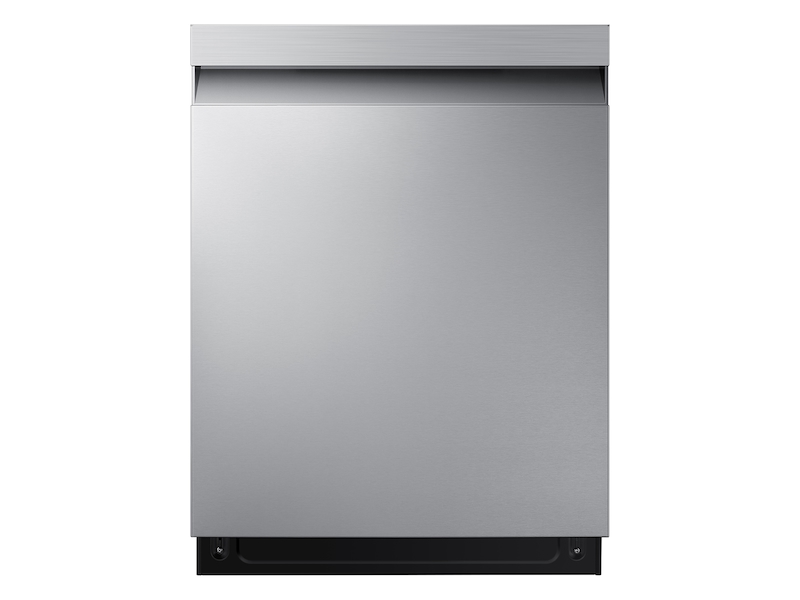 Sleek stainless steel Samsung Smart Dishwasher featuring AutoRelease Dry technology, viewed from the front.