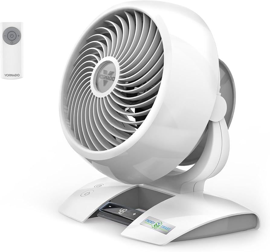 White Vornado Energy Smart air circulator fan with remote control and digital display, showcasing its modern design.