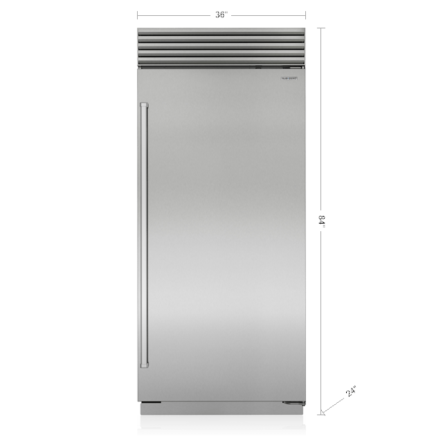 Front view of a Sub-Zero Classic Series 36-inch built-in stainless steel refrigerator with 36W x 84H x 24D dimensions.